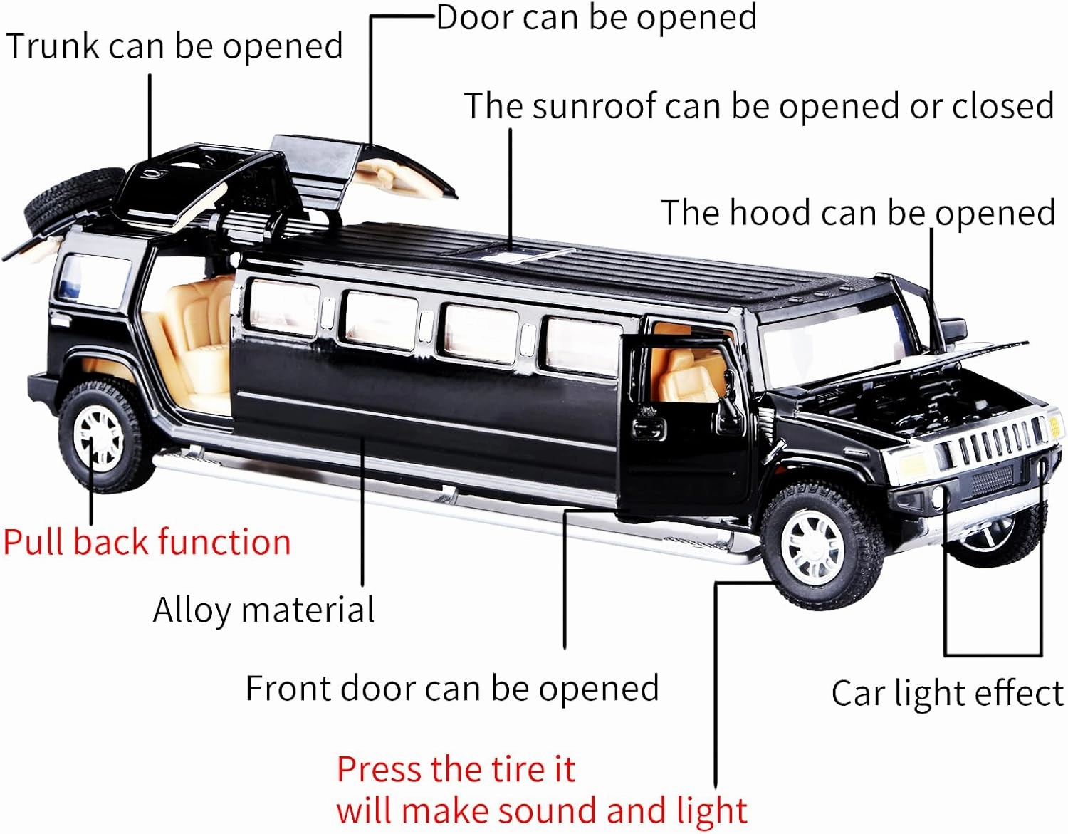 ARCADORA 1:32 Alloy Pull Back diecast Metal Toy Vehicles with Sound Light Extended 6 Open Doors for Kids Gift