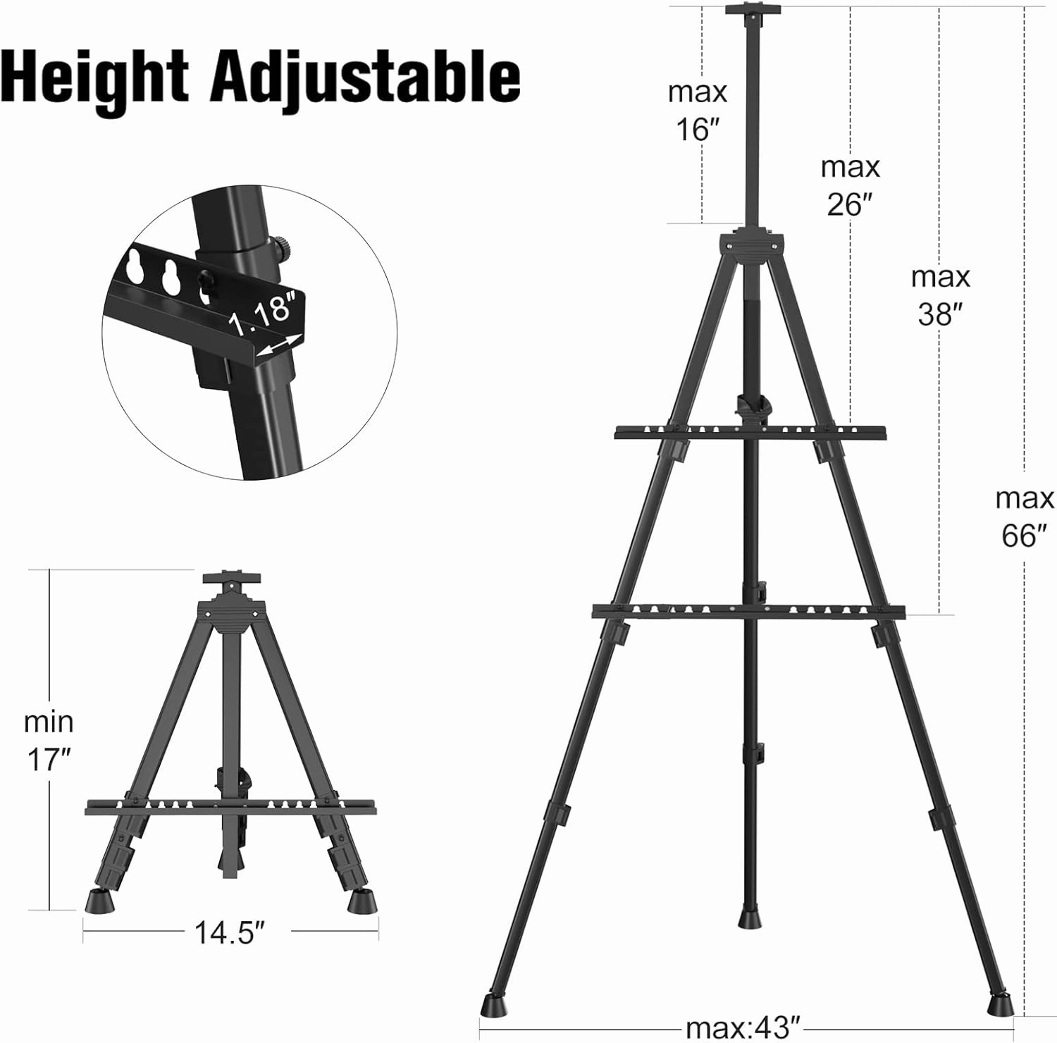 Art Painting Artist Easel Stand, Portable Adjustable Aluminum Metal Tripod Display Easel with Bag, Height from 17 to 66 inch for Table-Top/Floor Drawing and Displaying, Black