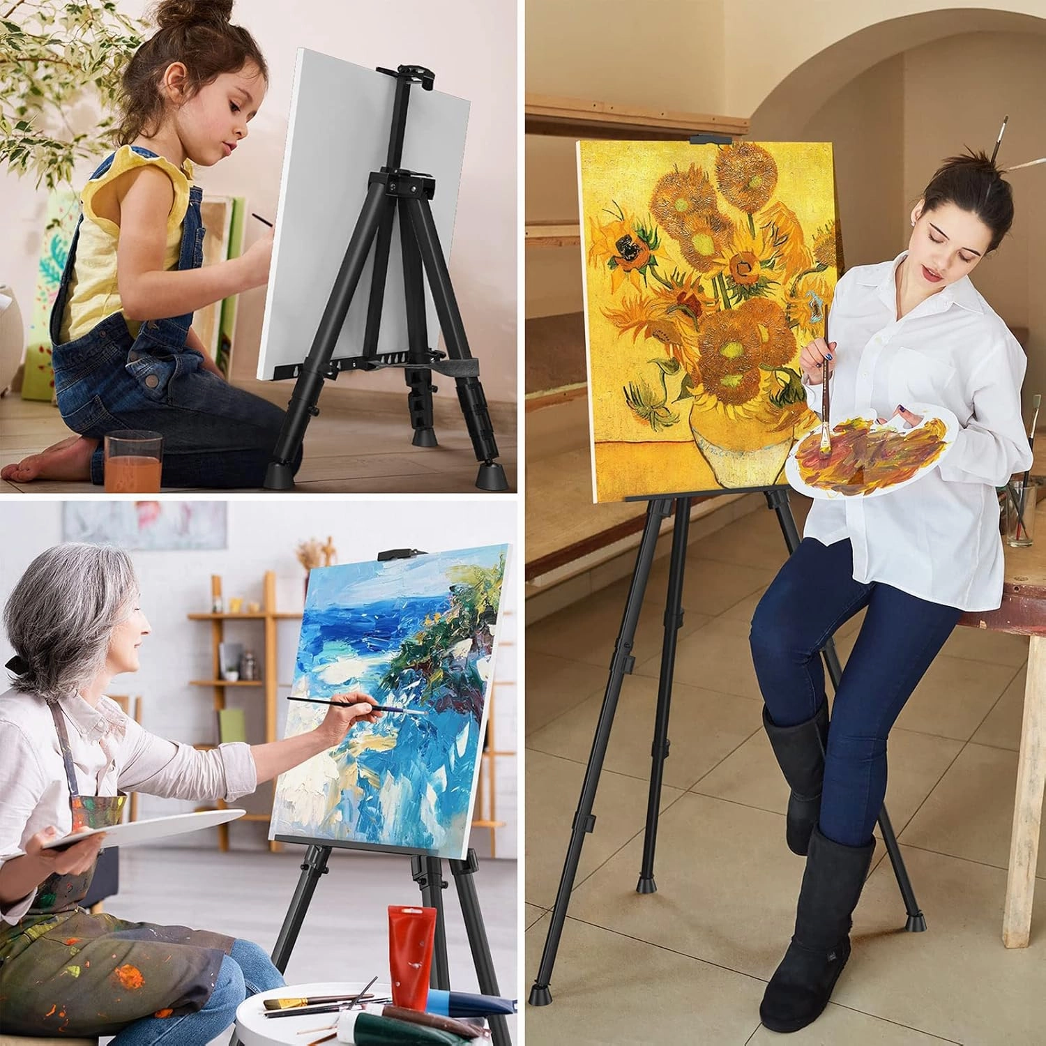 Art Painting Artist Easel Stand, Portable Adjustable Aluminum Metal Tripod Display Easel with Bag, Height from 17 to 66 inch for Table-Top/Floor Drawing and Displaying, Black