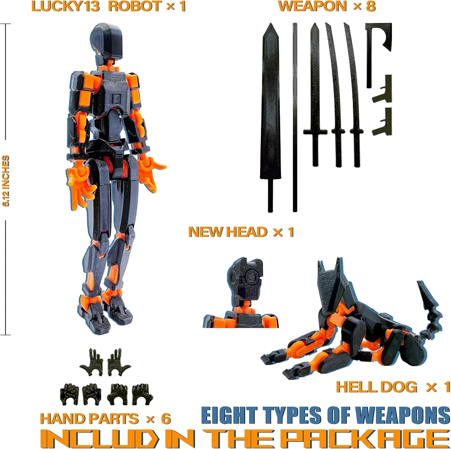 (Assembly Completed) T13 Action Figure Set, 3D Printed Toys Robo 13 Action Figure,Dummy 13 Titan 13 Action Figure (Black   Orange)