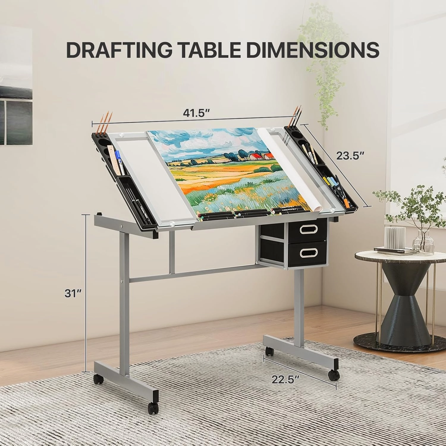 Athena Collection 41" Drafting Table Adjustable Angle Drawing Table Tempered Glass Art Desk Metal Frame Craft Desk for Artist with Fabric Drawers, Rolling Casters and Trays, Light Grey