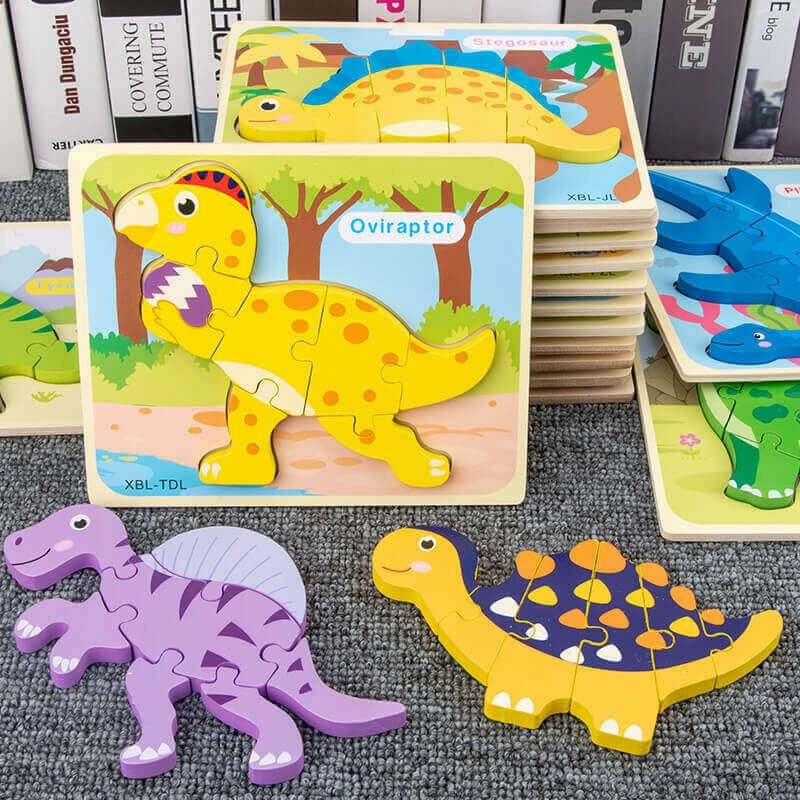 Baby Wooden Cartoon Dinosaur 3D Puzzle Jigsaw - Montessori Educational Toys