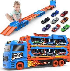 BAKAM Race Tracks Set for Kids Ages 3-5, Car Tracks for Toddlers 2-4 Years, Car Carrier Trucks Car Garage Toys for 3  Year Old, Toys for Ages 2-4, 3 Year Old Boy Birthday Gift (Blue)