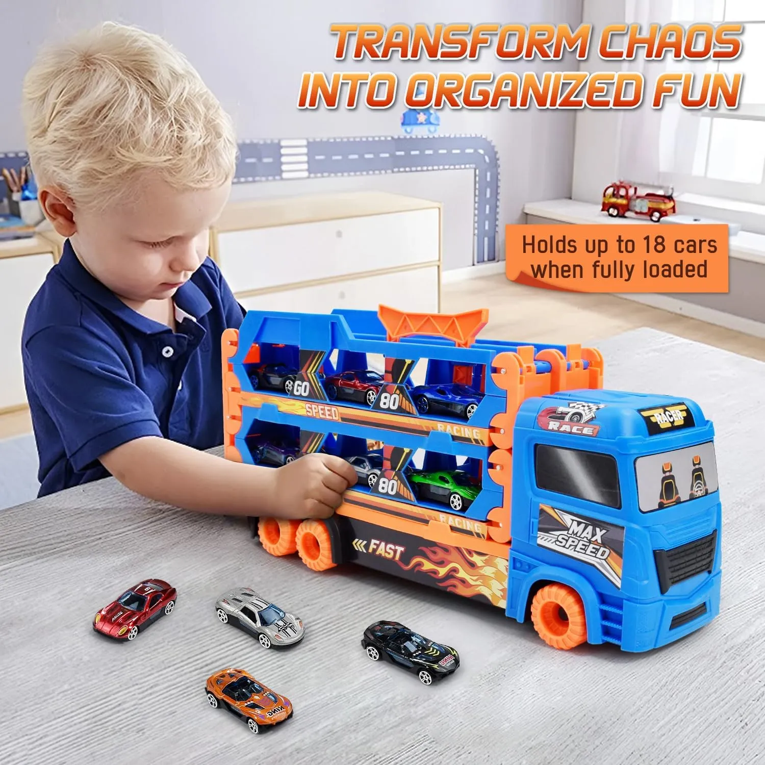 BAKAM Race Tracks Set for Kids Ages 3-5, Car Tracks for Toddlers 2-4 Years, Car Carrier Trucks Car Garage Toys for 3  Year Old, Toys for Ages 2-4, 3 Year Old Boy Birthday Gift (Blue)