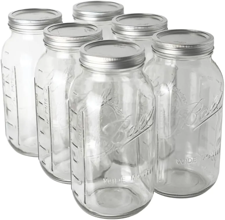 Ball - 64oz Wide Mouth Mason Jars with Lids & Bands 6-Pack Half Gallon Mason Jars Clear Glass for Kitchen Storage & Canning for Herbs, Jelly, Jams, and Spices