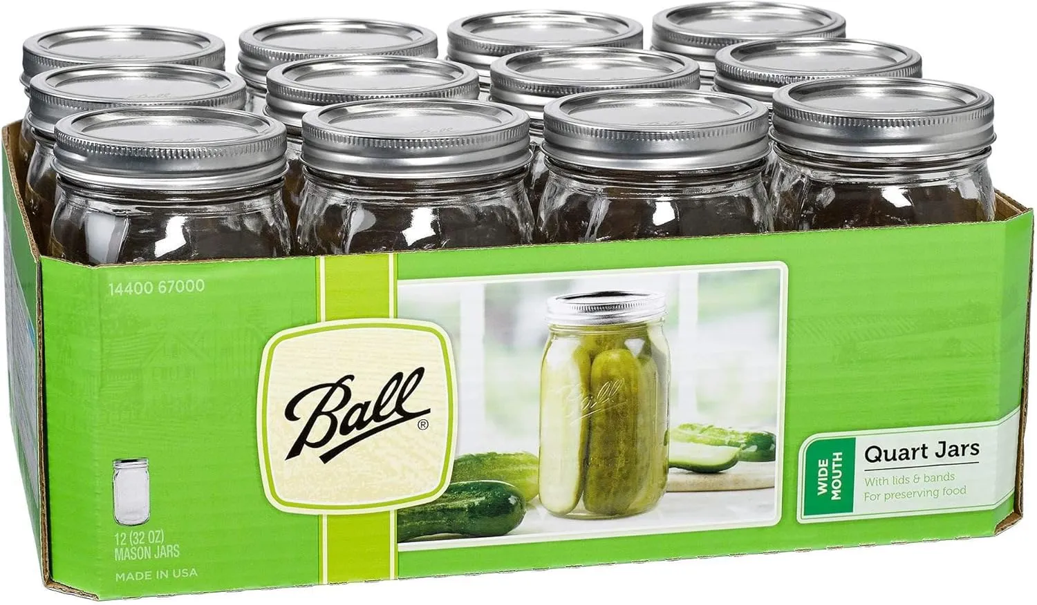 Ball Wide Mouth Clear Glass Canning Quart 32 Oz Mason Jars with Lids, 12 Pack