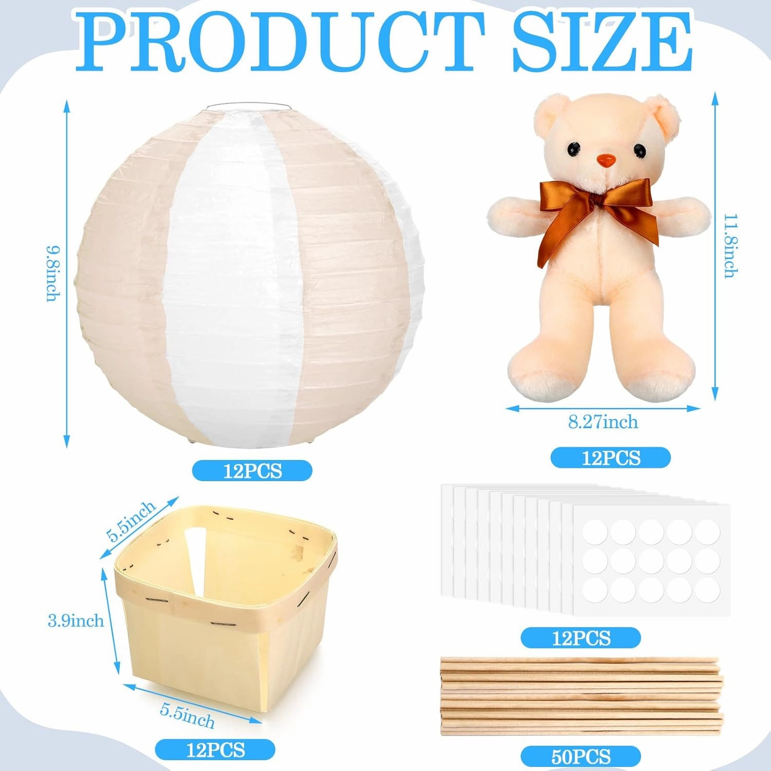Baquler 12 Sets Baby Shower Hot Air Balloon Table Centerpieces DIY Paper Lanterns Stuffed Plush Bear Wooden Baskets for Wedding Birthday Gender Reveal (Beige White,Mixed Style)