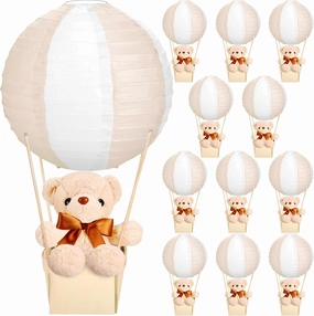 Baquler 12 Sets Baby Shower Hot Air Balloon Table Centerpieces DIY Paper Lanterns Stuffed Plush Bear Wooden Baskets for Wedding Birthday Gender Reveal (Beige White,Mixed Style)