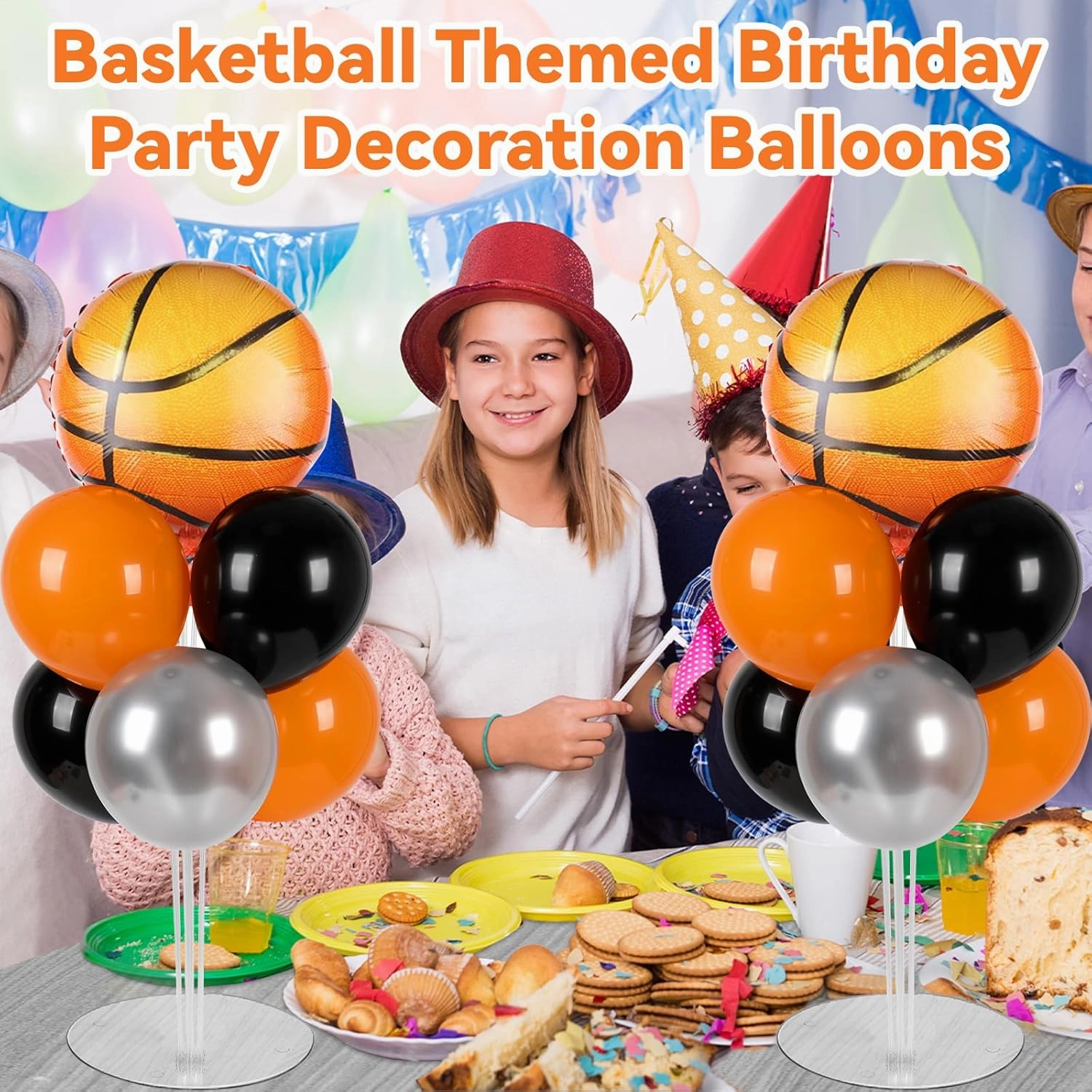 Basketball Party Balloons Stand Kit 2 Sets With 2 Basketball Ball Foil Balloons Basketball Themed Party Balloon Centerpiece for Tables for Game Sports Birthday Party Basketball Themed Decorations