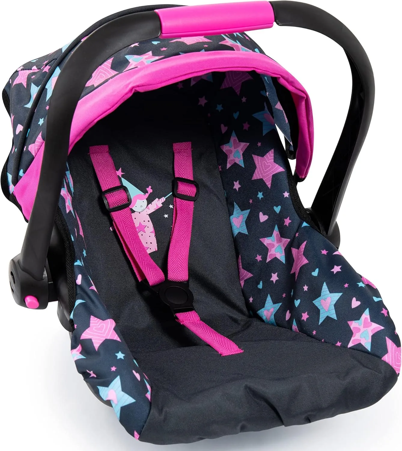 Bayer Design Dolls: Car Seat - Turquoise, Pink, Stars - Fits Dolls Up to 18", Kids Pretend Play, Safety Belt, Sun Canopy, Ages 3 