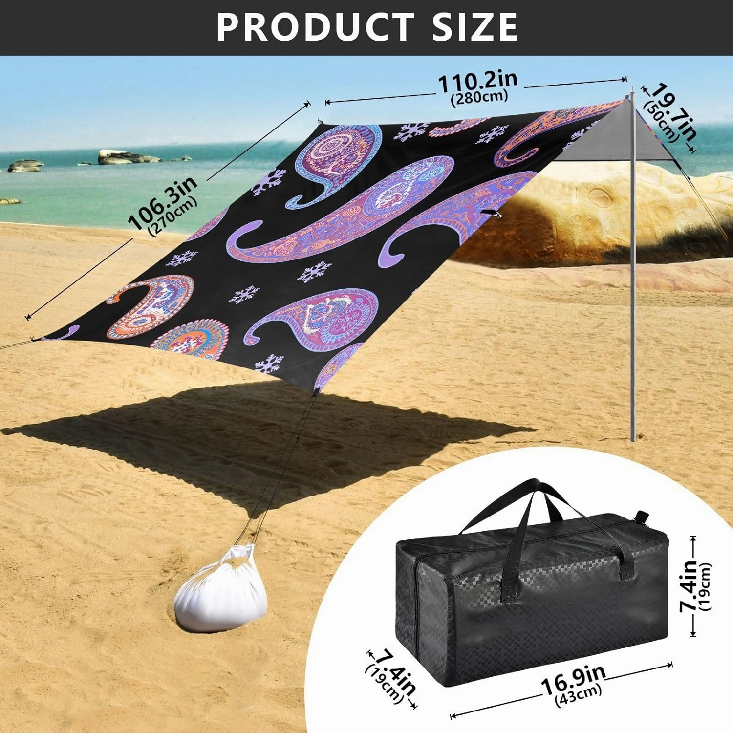 Beach Tent Canopy Patio Sun Shade Outdoor 9.2 × 10.5 FT Colorful Purple Paisley Black Camping Sun Shelter Yard Picnic Windproof with Sand Bags Poles