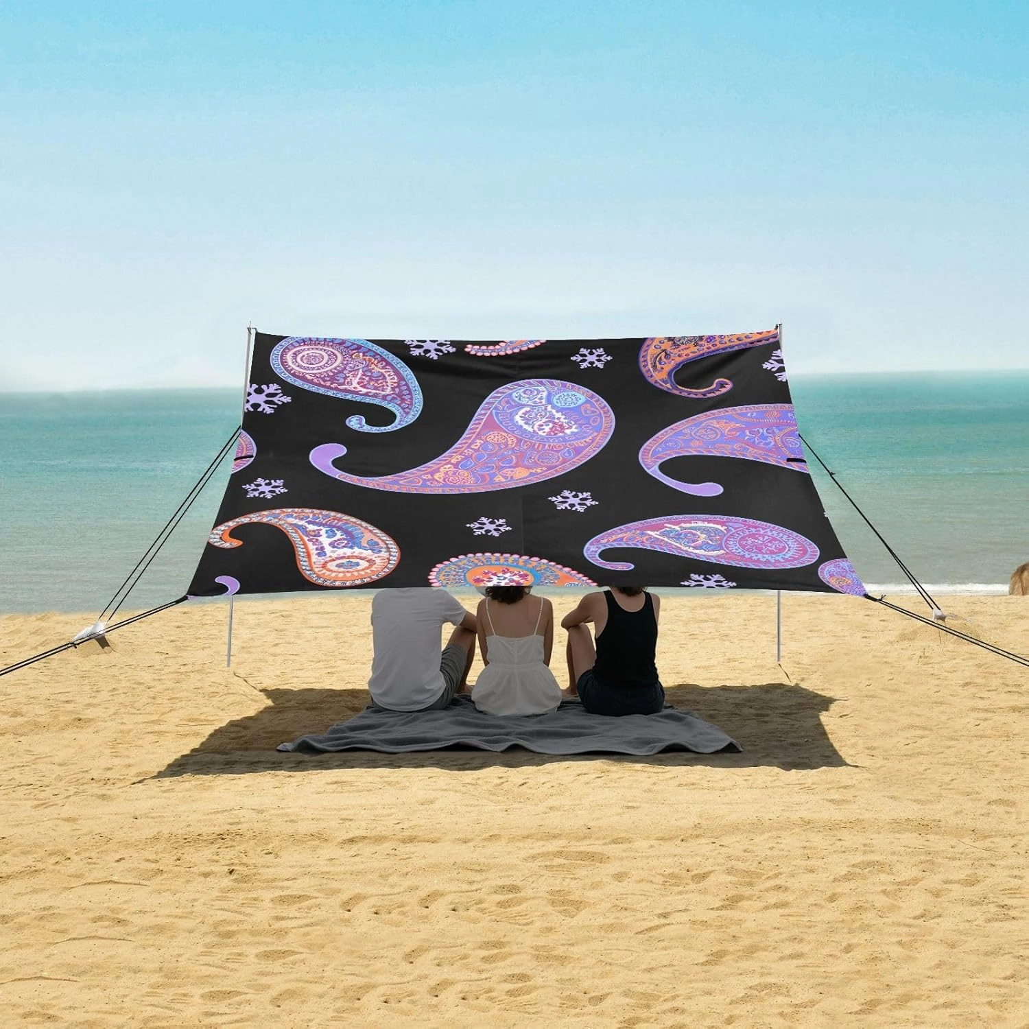 Beach Tent Canopy Patio Sun Shade Outdoor 9.2 × 10.5 FT Colorful Purple Paisley Black Camping Sun Shelter Yard Picnic Windproof with Sand Bags Poles
