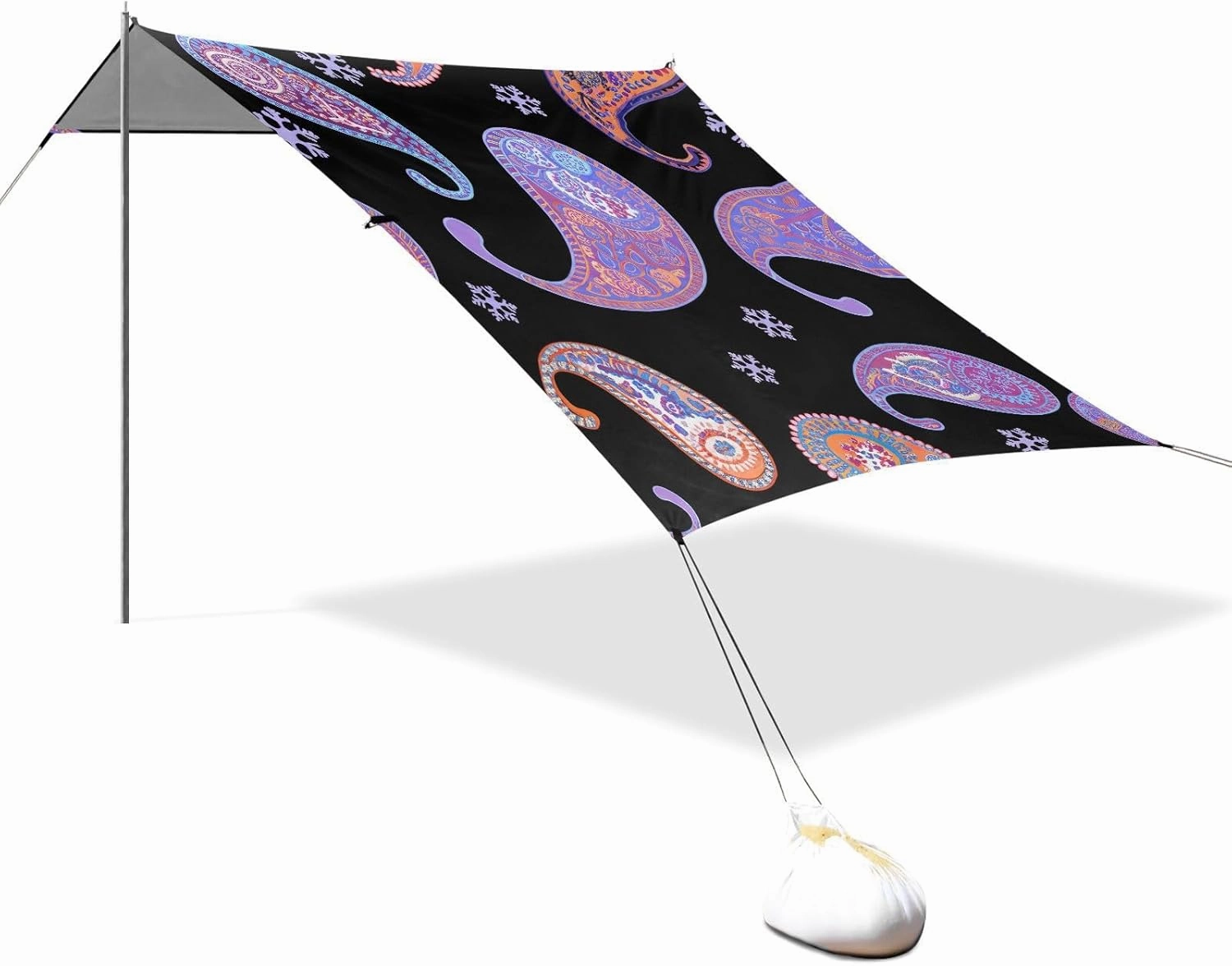 Beach Tent Canopy Patio Sun Shade Outdoor 9.2 × 10.5 FT Colorful Purple Paisley Black Camping Sun Shelter Yard Picnic Windproof with Sand Bags Poles