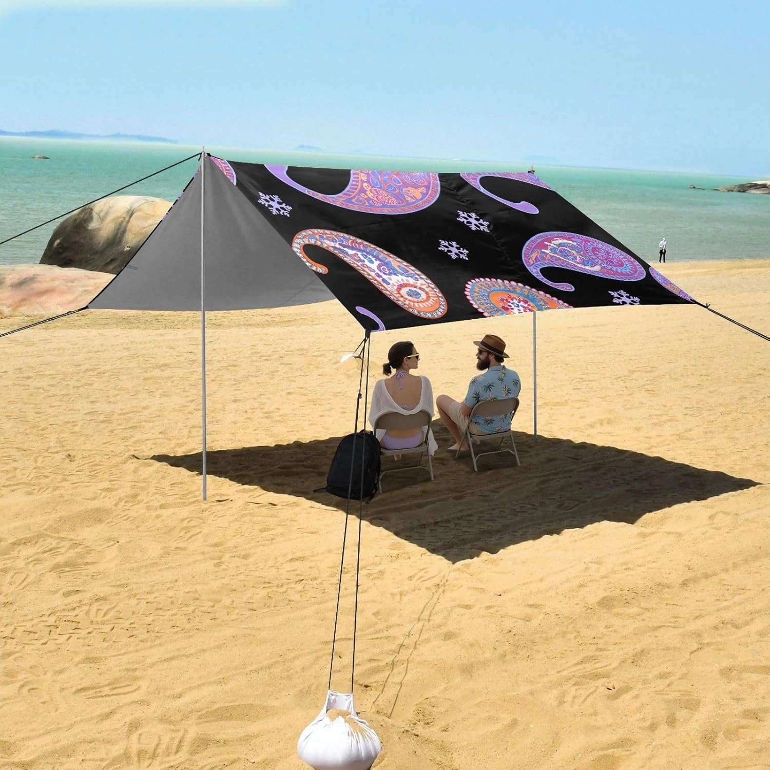 Beach Tent Canopy Patio Sun Shade Outdoor 9.2 × 10.5 FT Colorful Purple Paisley Black Camping Sun Shelter Yard Picnic Windproof with Sand Bags Poles