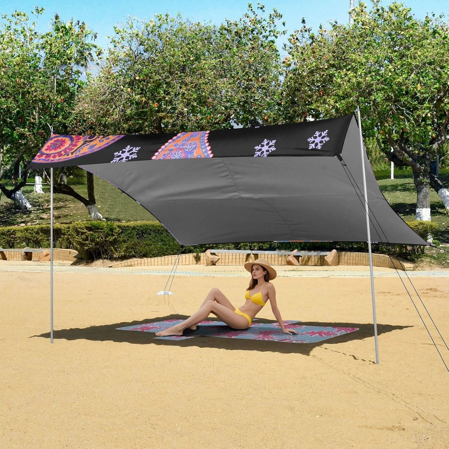 Beach Tent Canopy Patio Sun Shade Outdoor 9.2 × 10.5 FT Colorful Purple Paisley Black Camping Sun Shelter Yard Picnic Windproof with Sand Bags Poles