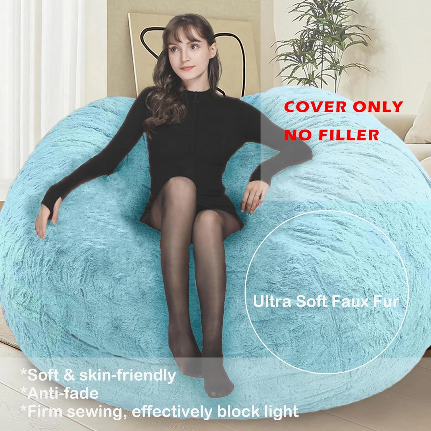 Bean Bag Chair for Adults Kids No Filling Soft Oversized Round Bean Bag Couch Lazy Sofa Lounge Chair Reading Chair Cover, 5FT, Blue