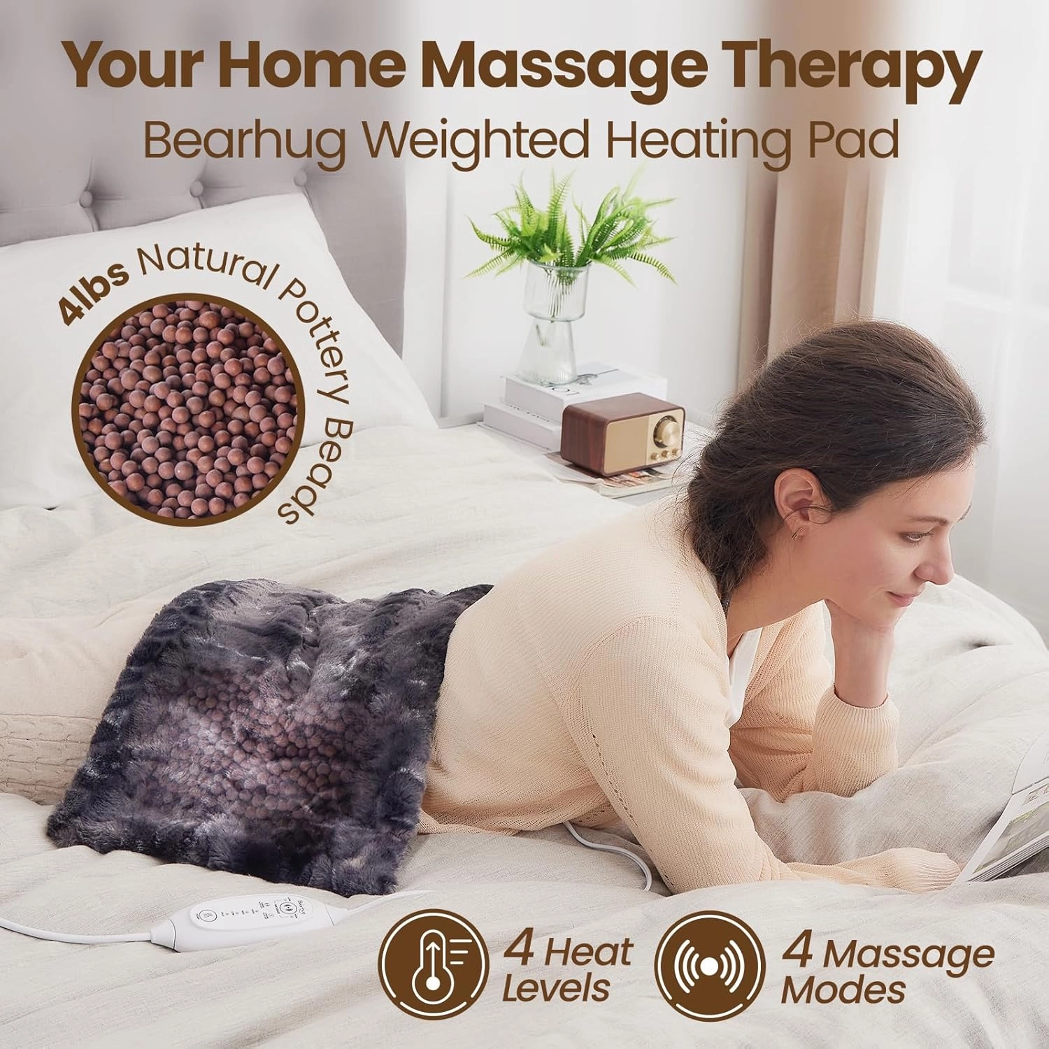 Bearhug Electric Massaging Heating Pad, 12”×24” Weighted Heating Pad, 4 Massage Modes and Heat Levels