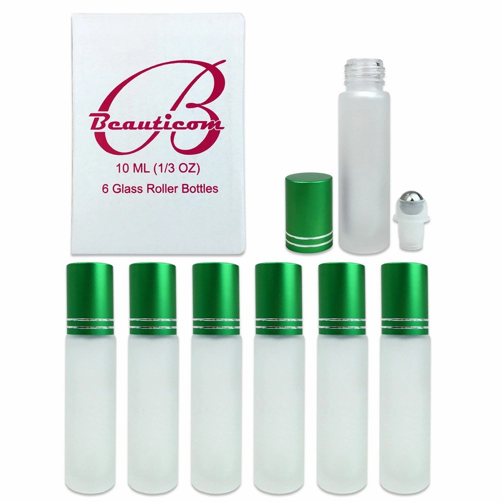 Beauticom® Glass 10ml ~ 1/3 oz Roller Bottles with Metal Cap, Stainless Steel Roll Balls for Essential Oil, Aromatherapy, Perfume, Lip Gloss, Lip Balm, Roll on Bottles (30 Bottles, GREEN)