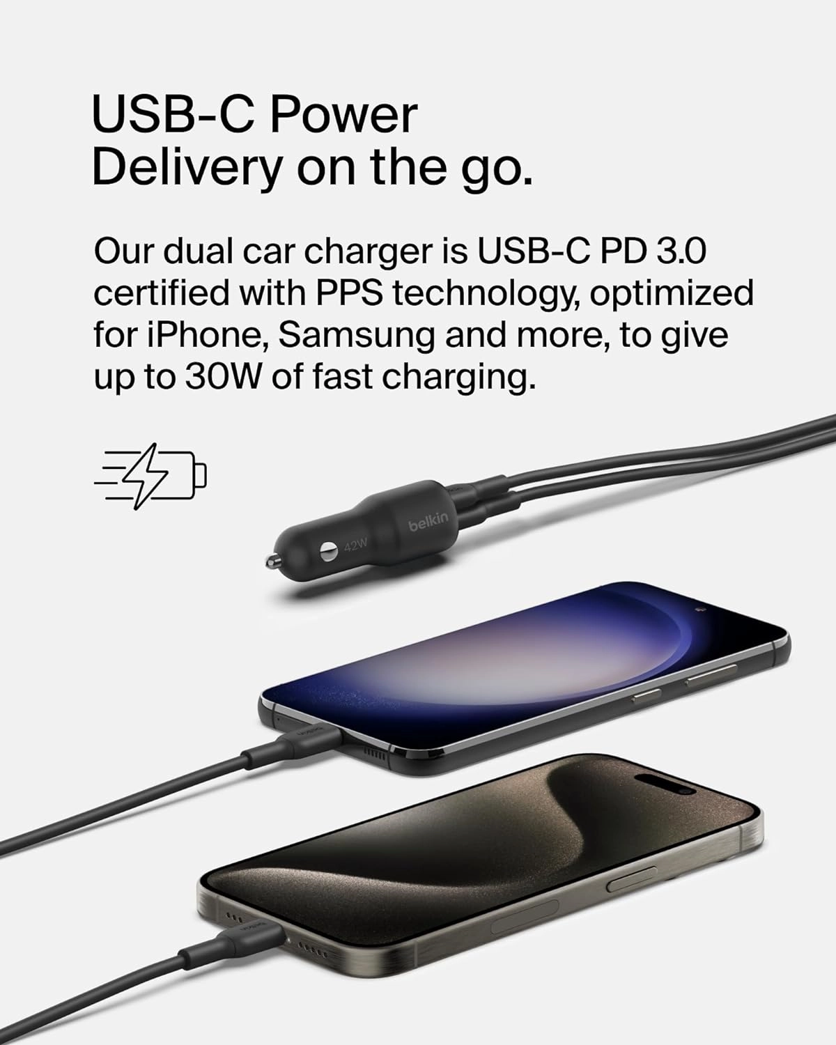 Belkin BoostCharge 42-Watt Dual Port Fast Car Charger w/30W USB-C & 12W USB-A Ports, USB-C to C Cable Included for iPhone 16, 16 Pro, Galaxy S25, S24, Pixel 9 & 8, Nintendo Switch 2 & More - Black