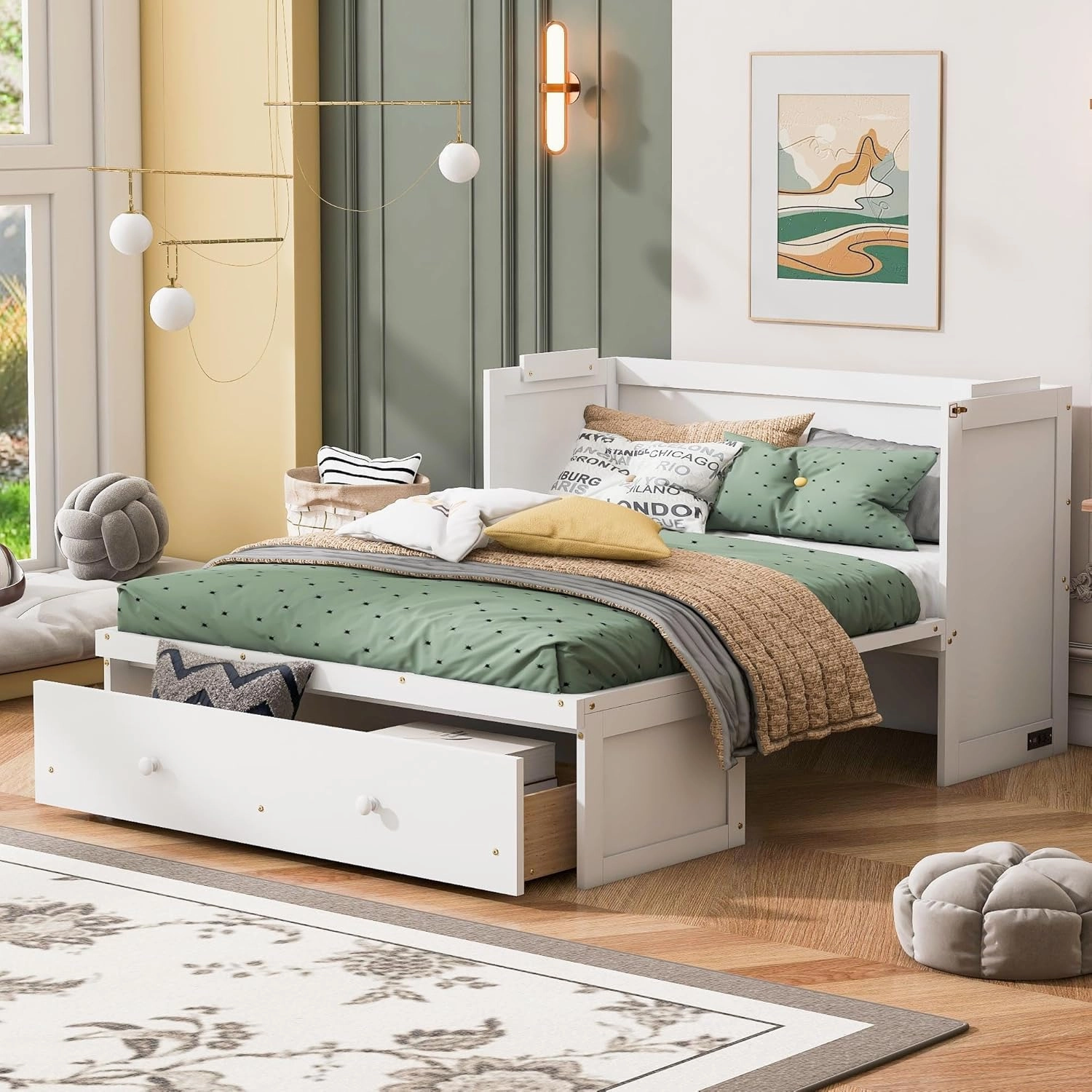 Bellemave Full Size Murphy Bed with USB Port and a Storage Large Drawer, Murphy Cabinet Bed with Large Storage Drawer,Space-Saving Hidden Platform Bed for Bedroom,Guest Room.(White)