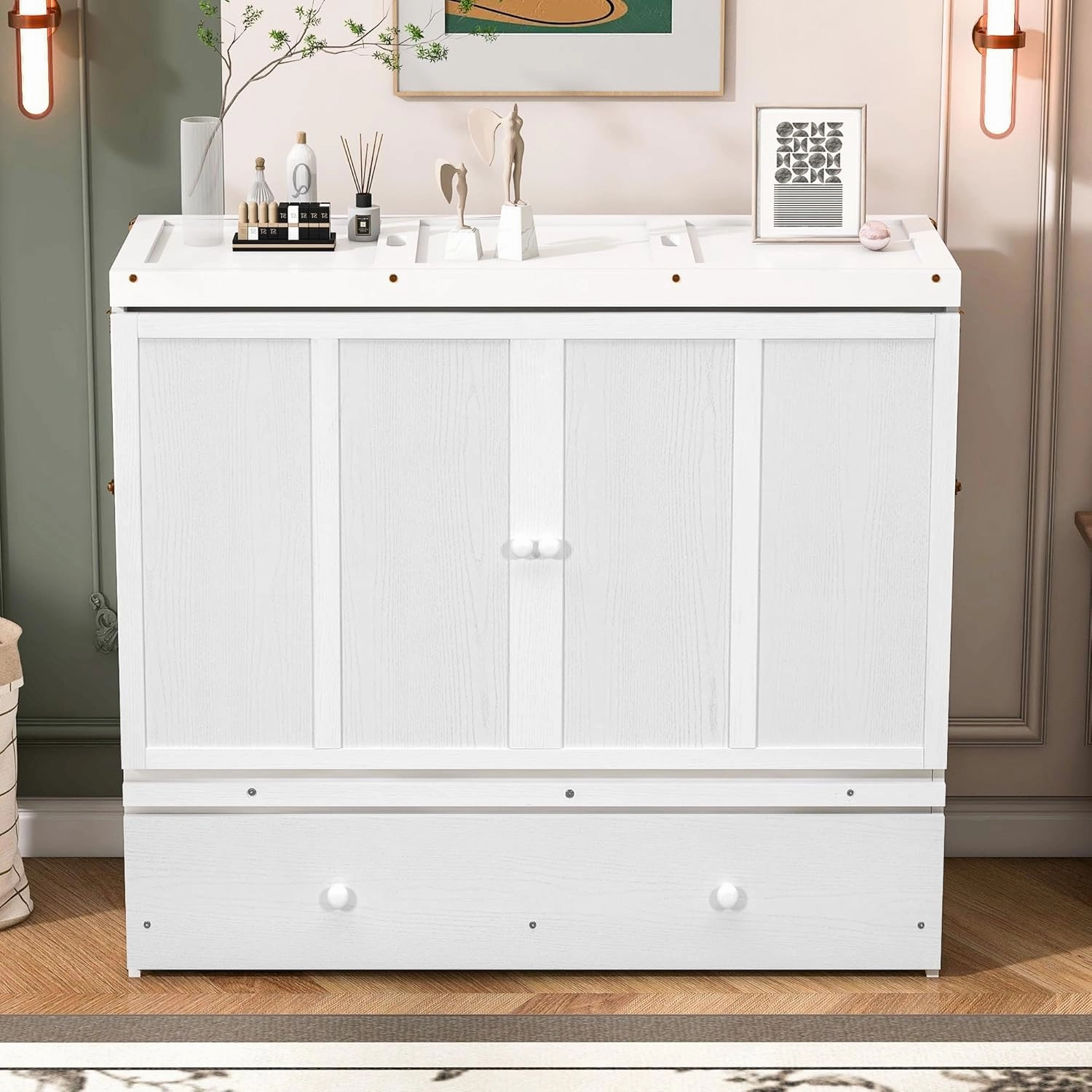 Bellemave Full Size Murphy Bed with USB Port and a Storage Large Drawer, Murphy Cabinet Bed with Large Storage Drawer,Space-Saving Hidden Platform Bed for Bedroom,Guest Room.(White)