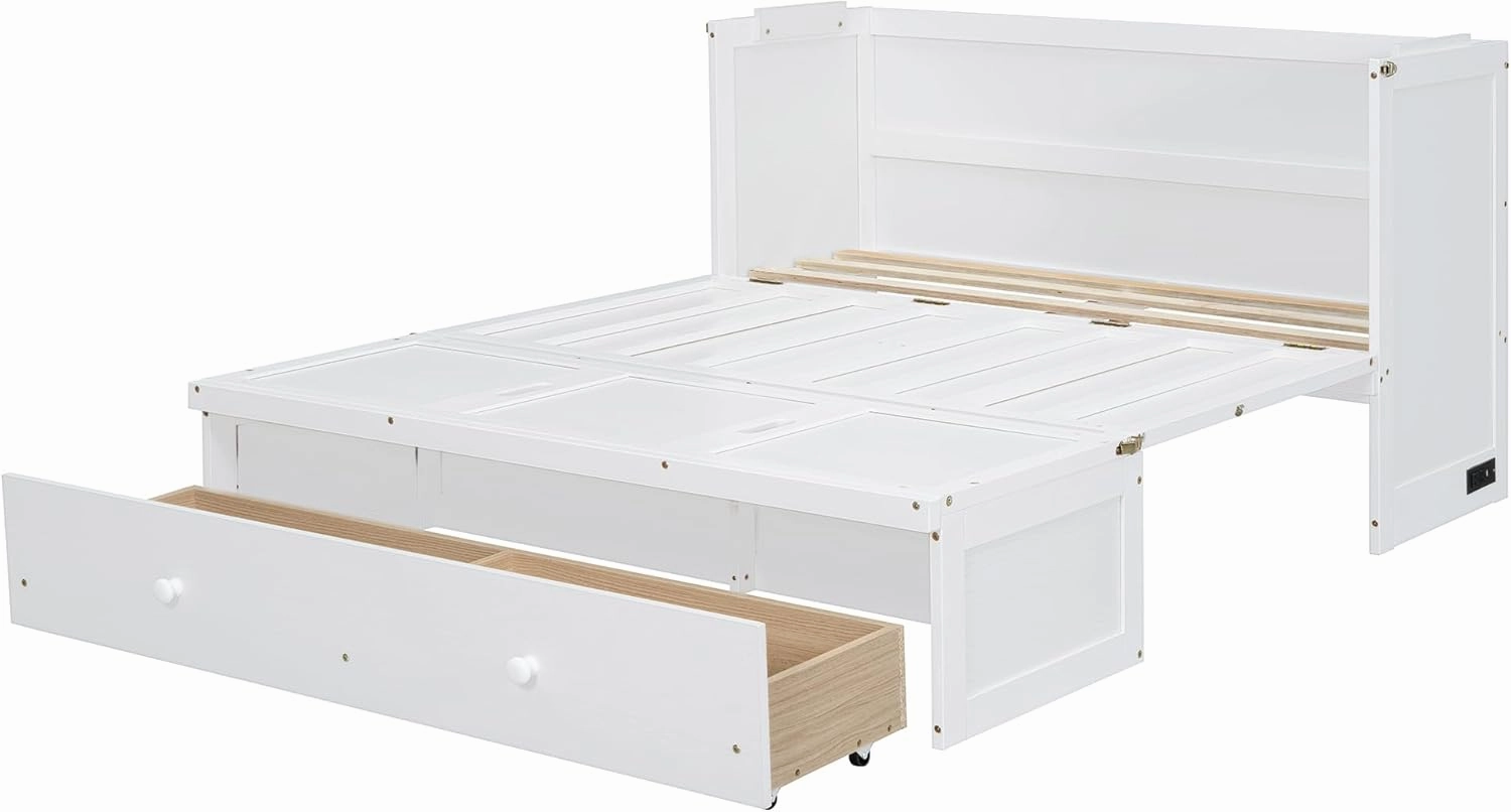 Bellemave Full Size Murphy Bed with USB Port and a Storage Large Drawer, Murphy Cabinet Bed with Large Storage Drawer,Space-Saving Hidden Platform Bed for Bedroom,Guest Room.(White)