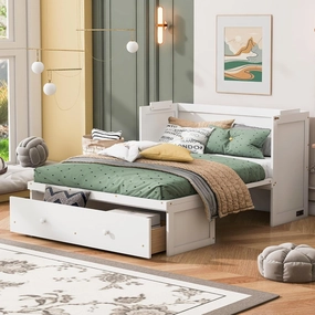 Bellemave Full Size Murphy Bed with USB Port and a Storage Large Drawer, Murphy Cabinet Bed with Large Storage Drawer,Space-Saving Hidden Platform Bed for Bedroom,Guest Room.(White)