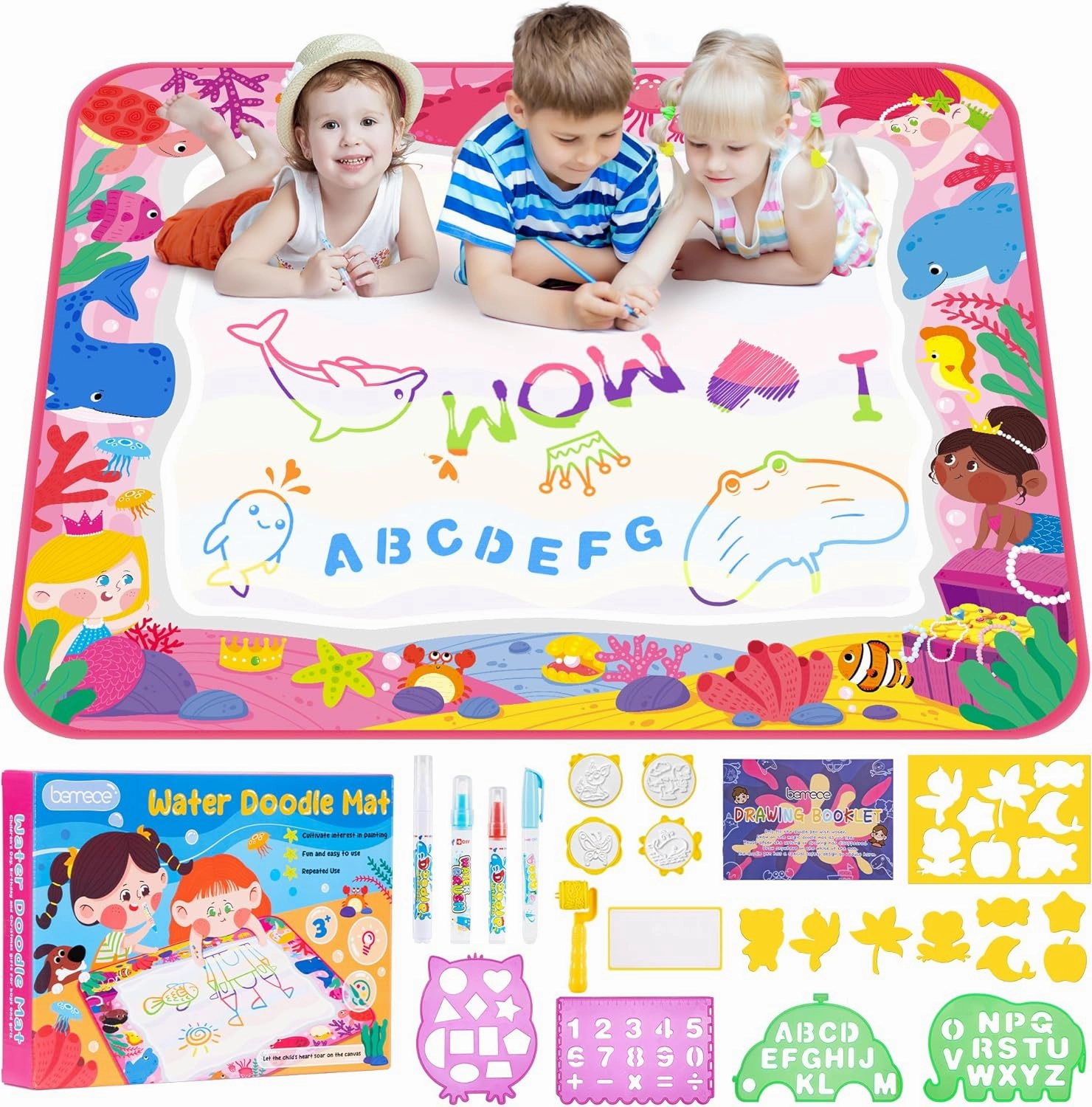 Bemece Water Doodle Mat, Writing Color Doodle Mat with Magic Pens & Stamps, Aqua Magic Doodle Mat, Educational Toys for Boys and Girls 3 4 5 6 7 Years Gift