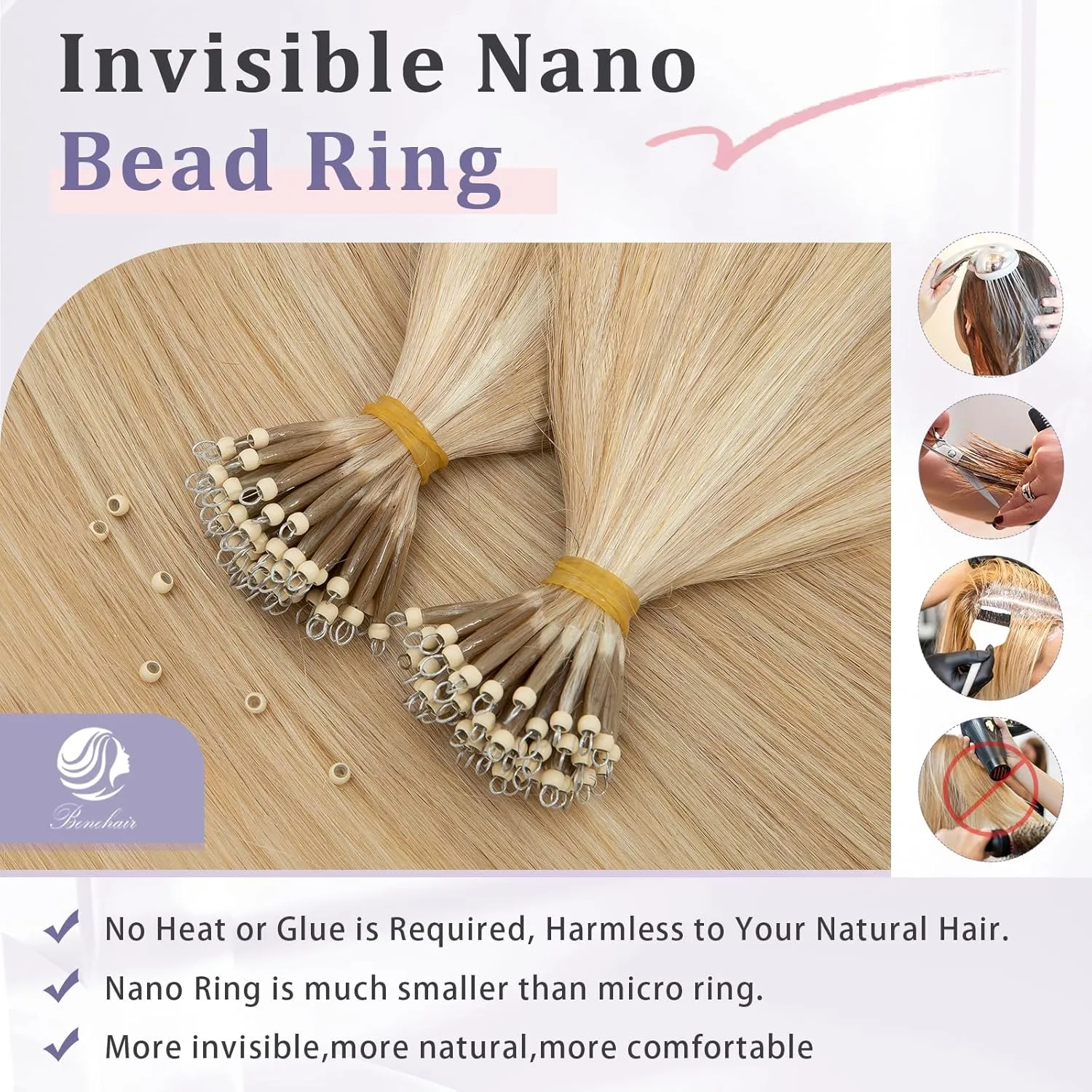 Benehair Nano Tip Human Hair Extensions Straight Cold Fushion Stick Ash Blonde&Bleach Blonde #18P613 Nano Beads Hair Extensions Real Human Hair 50 Strands 50g Natural Long Highlight Remy Hair 22Inch