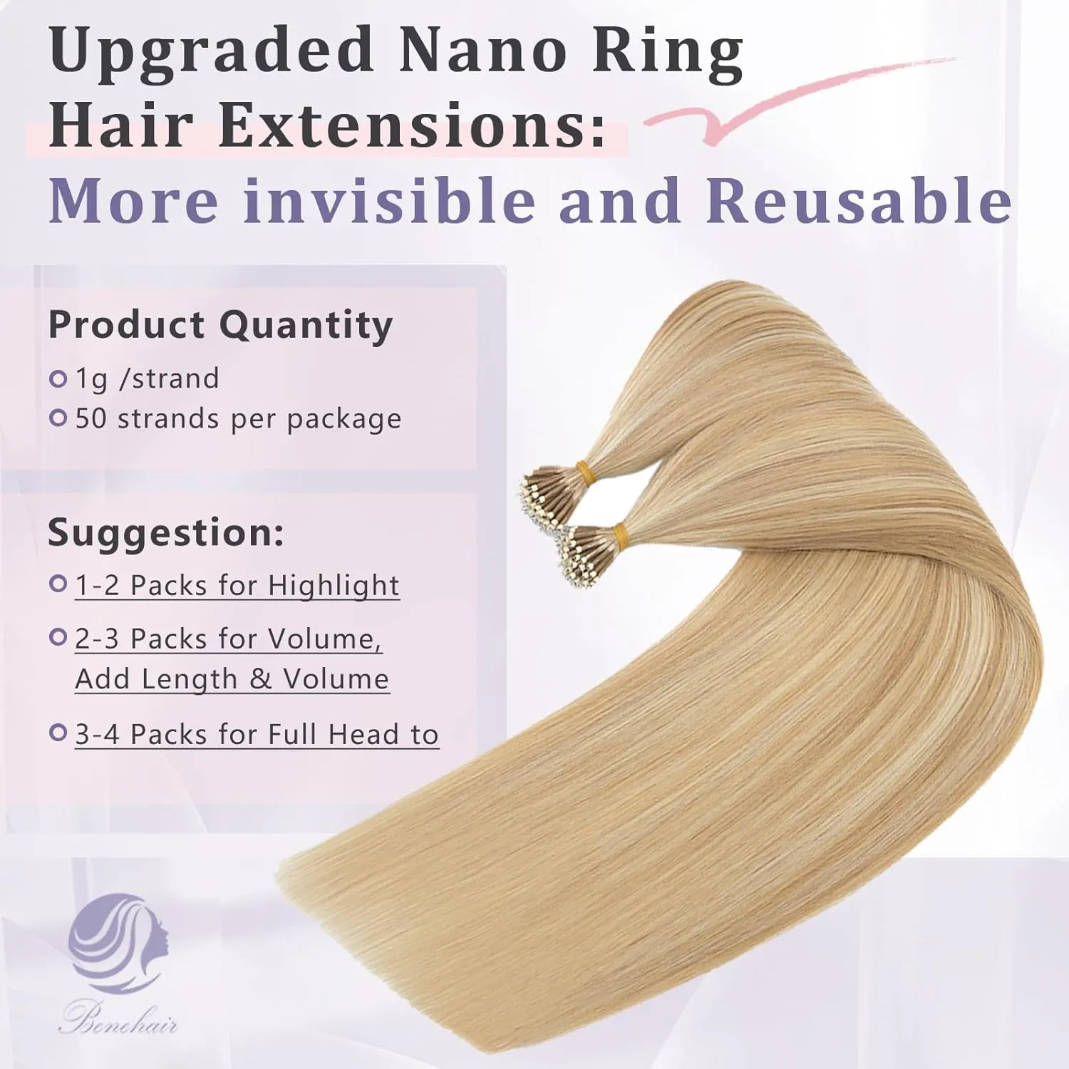 Benehair Nano Tip Human Hair Extensions Straight Cold Fushion Stick Ash Blonde&Bleach Blonde #18P613 Nano Beads Hair Extensions Real Human Hair 50 Strands 50g Natural Long Highlight Remy Hair 22Inch