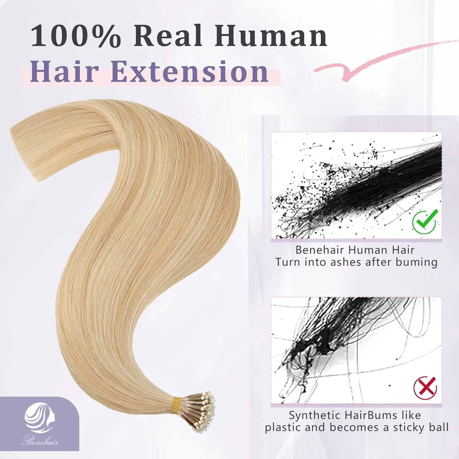 Benehair Nano Tip Human Hair Extensions Straight Cold Fushion Stick Ash Blonde&Bleach Blonde #18P613 Nano Beads Hair Extensions Real Human Hair 50 Strands 50g Natural Long Highlight Remy Hair 22Inch