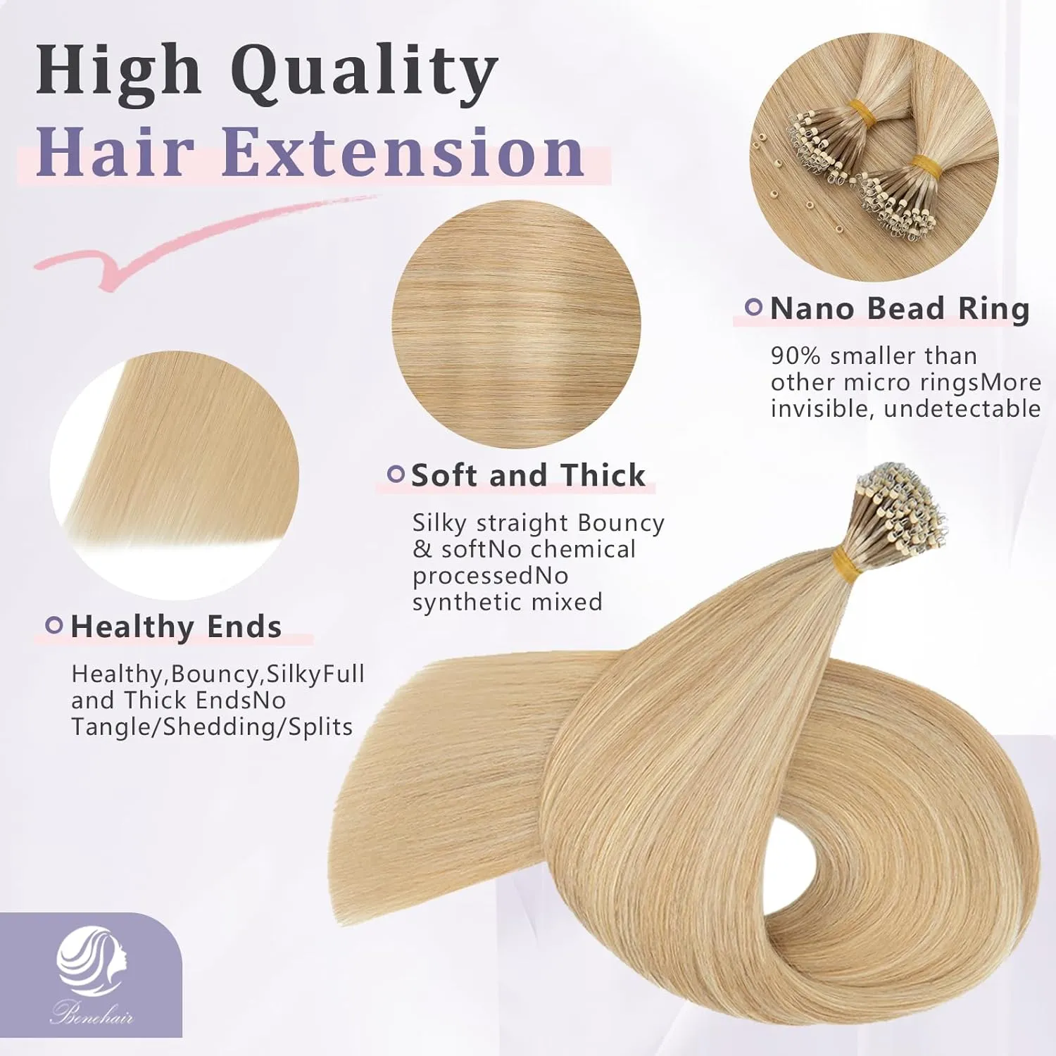 Benehair Nano Tip Human Hair Extensions Straight Cold Fushion Stick Ash Blonde&Bleach Blonde #18P613 Nano Beads Hair Extensions Real Human Hair 50 Strands 50g Natural Long Highlight Remy Hair 22Inch