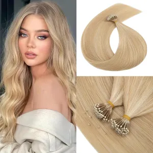 Benehair Nano Tip Human Hair Extensions Straight Cold Fushion Stick Ash Blonde&Bleach Blonde #18P613 Nano Beads Hair Extensions Real Human Hair 50 Strands 50g Natural Long Highlight Remy Hair 22Inch