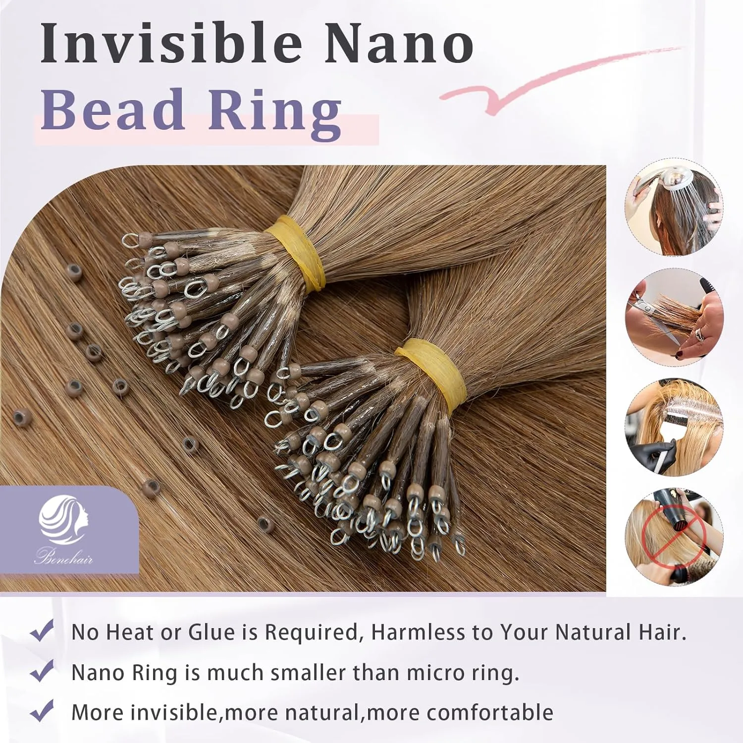 Benehair Nano Tip Human Hair Extensions Straight Cold Fushion Stick Light Brown #6 Nano Beads Hair Extensions Real Human Hair 50 Strands 50g Natural Long for Women Highlight Remy Hair 18Inch