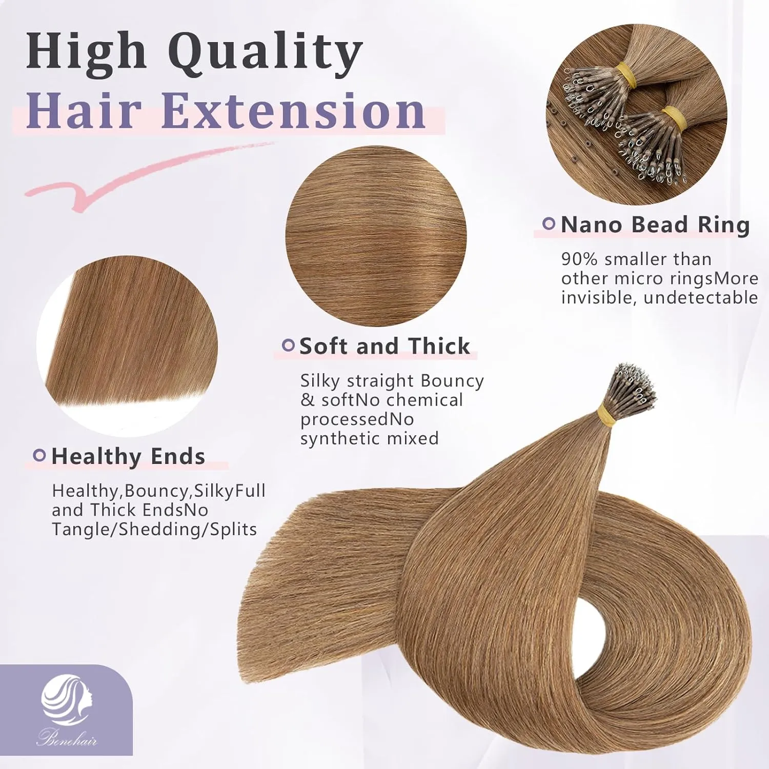 Benehair Nano Tip Human Hair Extensions Straight Cold Fushion Stick Light Brown #6 Nano Beads Hair Extensions Real Human Hair 50 Strands 50g Natural Long for Women Highlight Remy Hair 18Inch