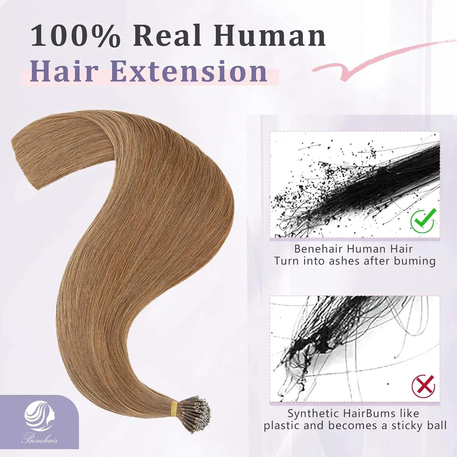 Benehair Nano Tip Human Hair Extensions Straight Cold Fushion Stick Light Brown #6 Nano Beads Hair Extensions Real Human Hair 50 Strands 50g Natural Long for Women Highlight Remy Hair 18Inch