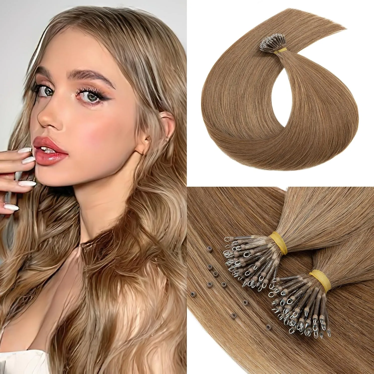 Benehair Nano Tip Human Hair Extensions Straight Cold Fushion Stick Light Brown #6 Nano Beads Hair Extensions Real Human Hair 50 Strands 50g Natural Long for Women Highlight Remy Hair 18Inch