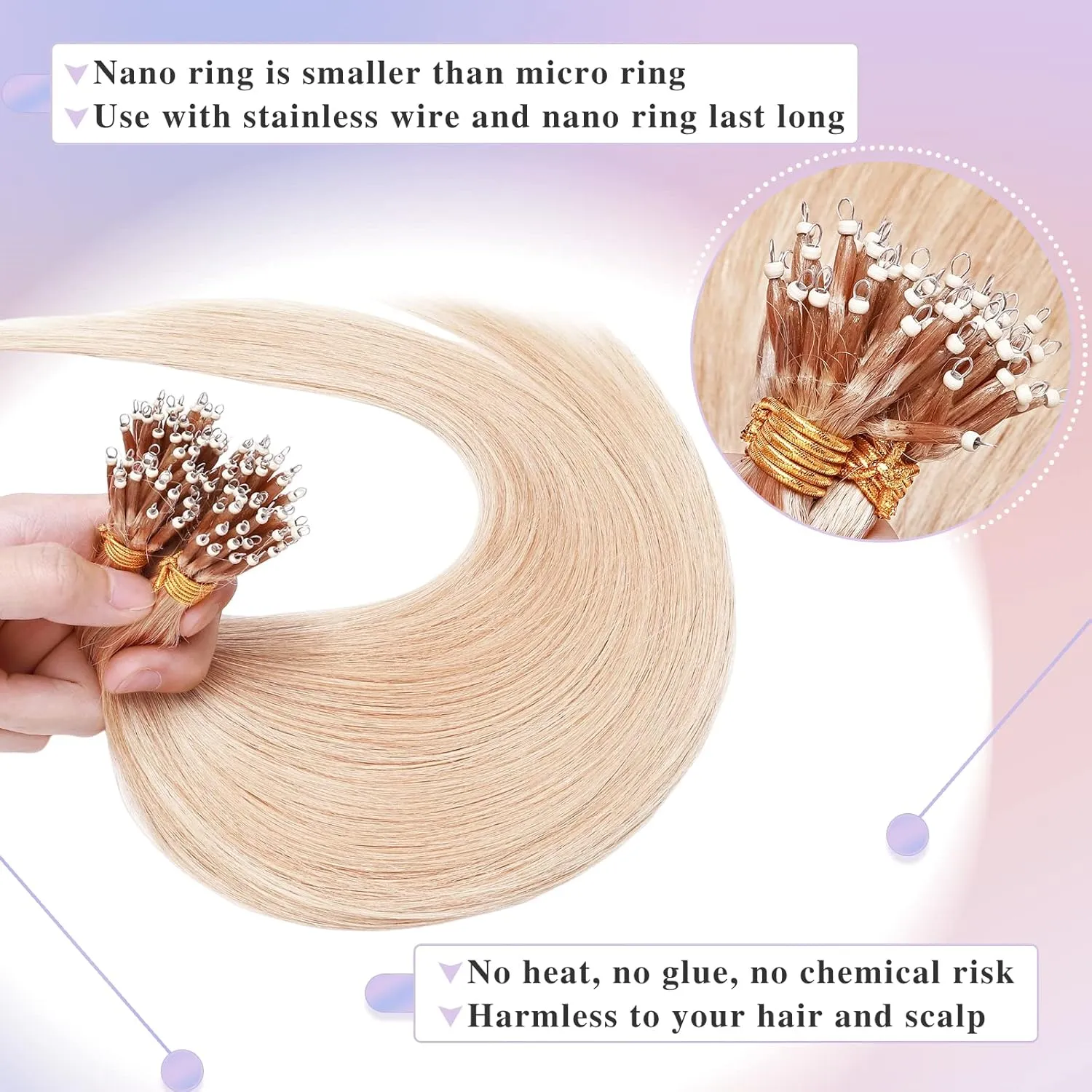 Benehair Nano Tip Human Hair Extensions Straight Cold Fushion Stick Natural Blonde #24 Nano Beads Hair Extensions Real Human Hair 50 Strands 50g Natural Long for Women Highlight Remy Hair 18Inch