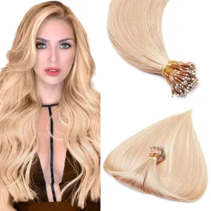 Benehair Nano Tip Human Hair Extensions Straight Cold Fushion Stick Natural Blonde #24 Nano Beads Hair Extensions Real Human Hair 50 Strands 50g Natural Long for Women Highlight Remy Hair 18Inch