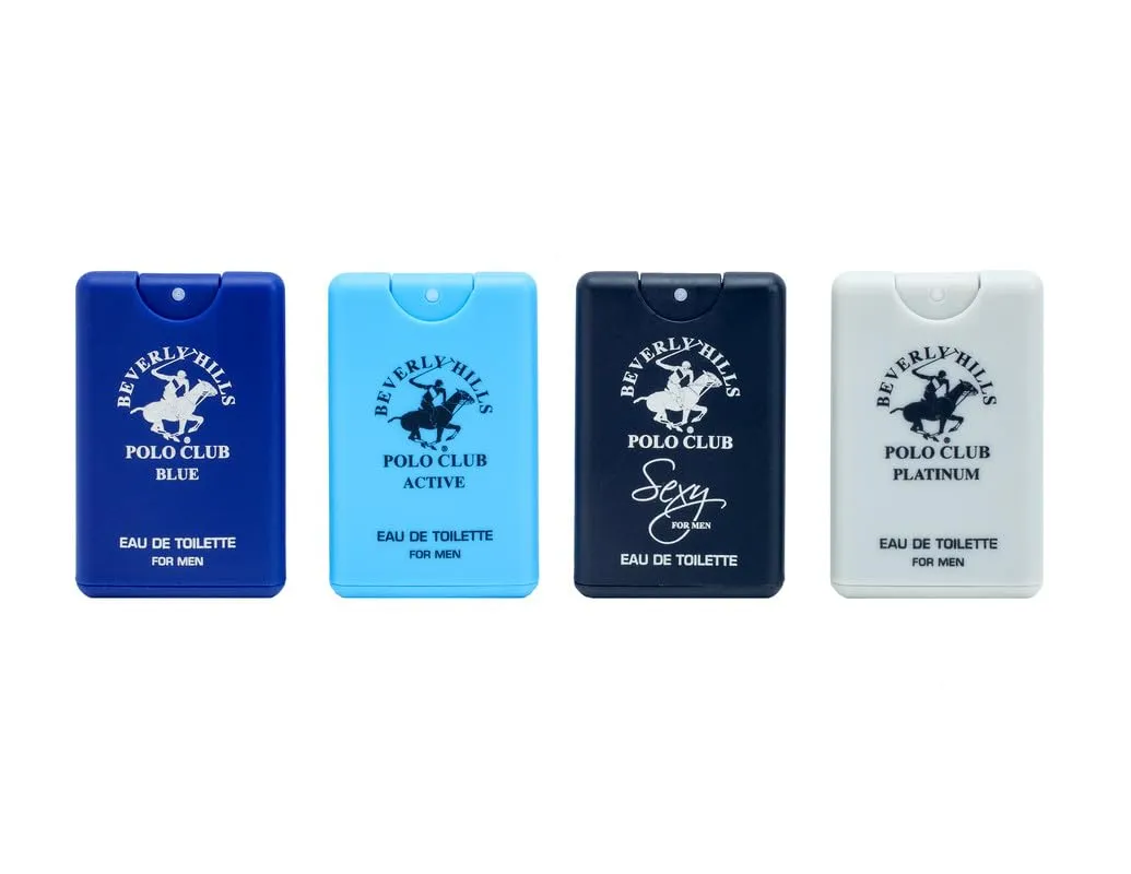 Beverly Hills Polo Club MENS 4PC 20ML POCKET SPRAY - BLUE - CONTAINS ACTIVE/SEXY/PLATINUM/BLUE