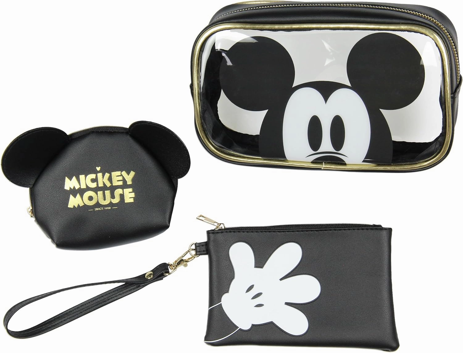 Bioworld Disney Mickey Mouse 3-Piece Toiletry Bag Set With Clear Cosmetic Bag Beauty Essentials Storage Gift Set