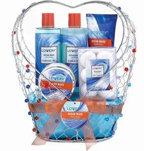 Birthday Gifts for Her, Home Spa Gift Baskets For Women - Bath and Body Gift Basket For Men – Ocean Wave Home Spa Set - Fragrant Lotions, Bath Bombs & More - 11pc in Jeweled Heart Candy Holder