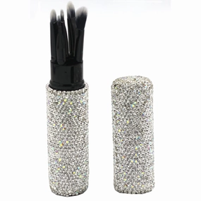 Bling Bling Portable 5-Piece Makeup Brush Set for Eyeshadow and Eyebrows with Rhinestone Barrel Packaging (Silver)