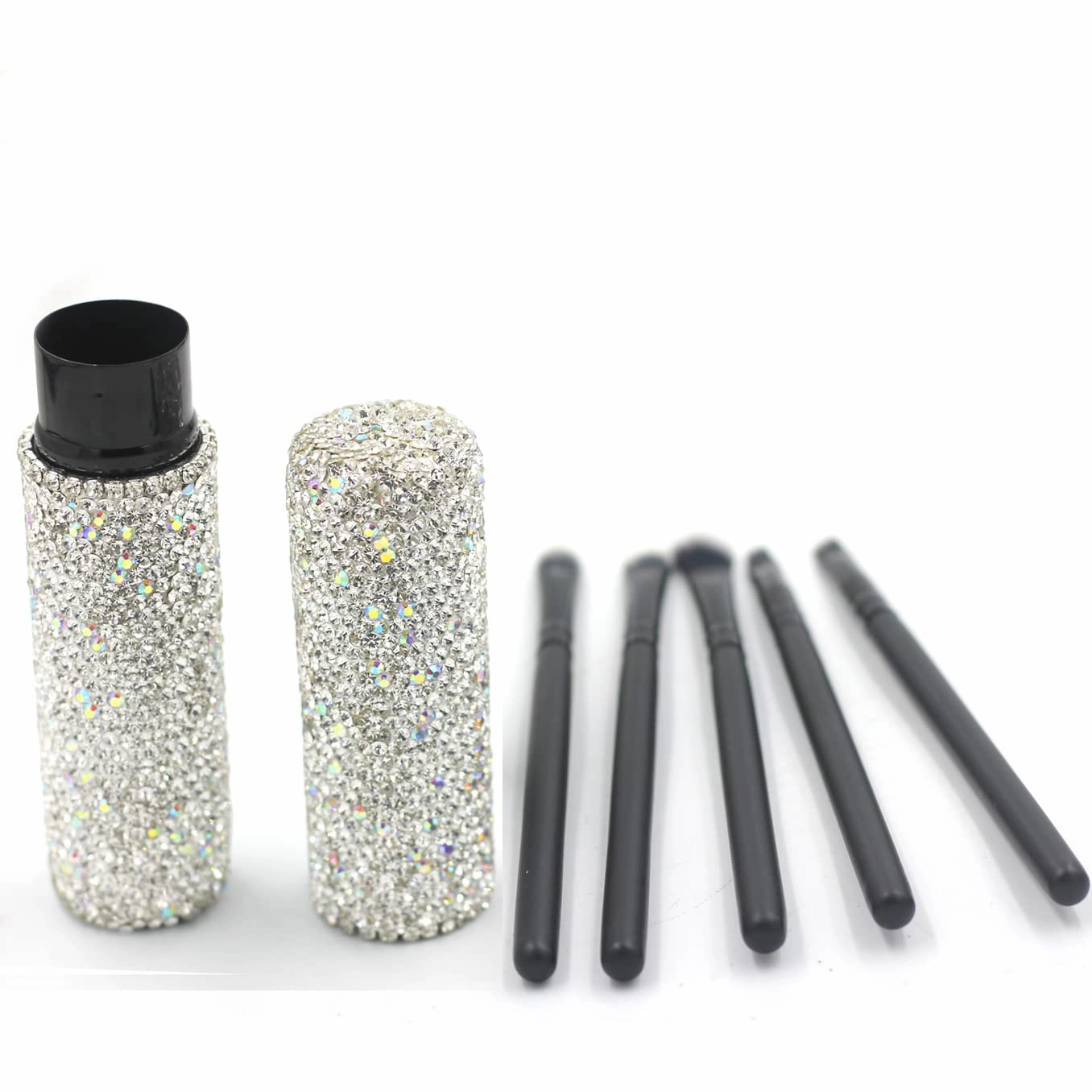 Bling Bling Portable 5-Piece Makeup Brush Set for Eyeshadow and Eyebrows with Rhinestone Barrel Packaging (Silver)