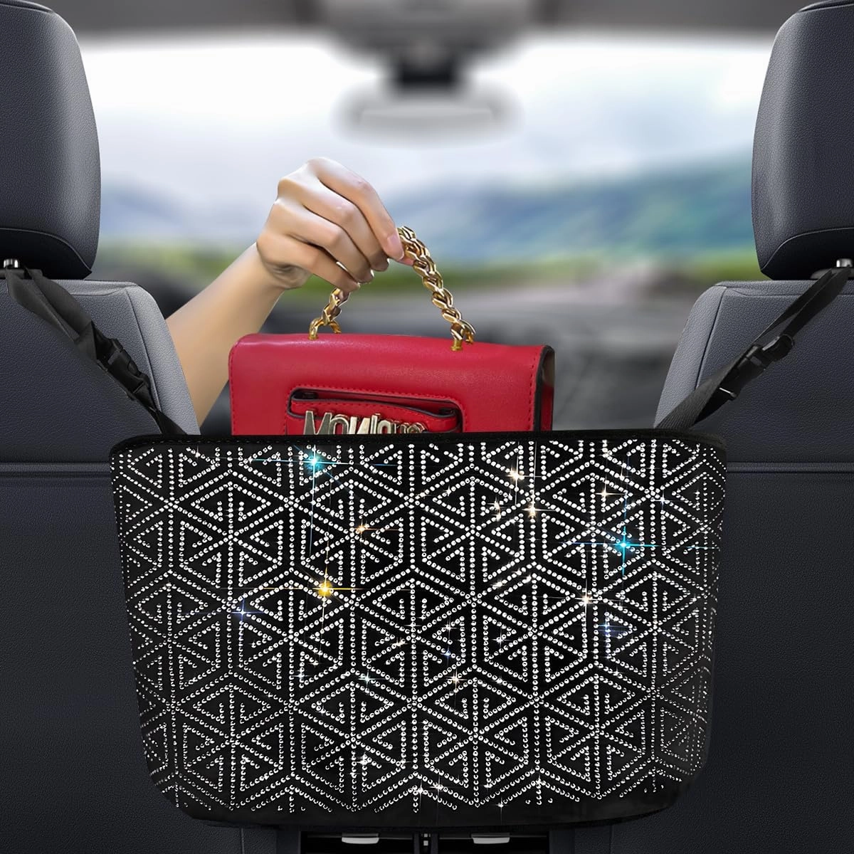 Bling Handbag Holder for Car Organizers And Storage Rhinestones Purse Holder for Car Seat Back Net Handbag Purse Accessories for Women