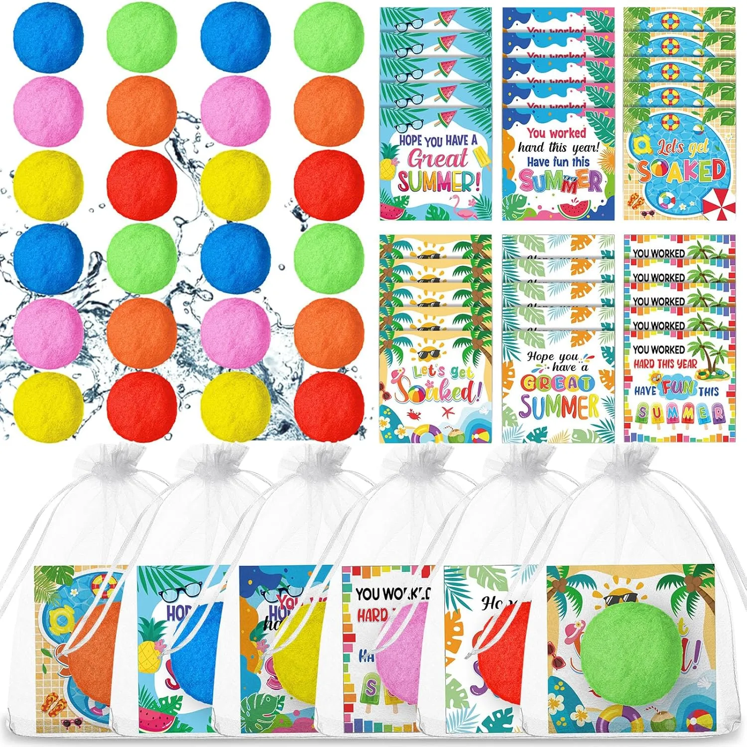 Blosssound 24 Set End of Year Students Gift Bulk Water Balls Summer Cards Bags Bulk Preschool Kindergarten School Graduation Gifts from Teacher for Summer Graduation Pool Party Supplies