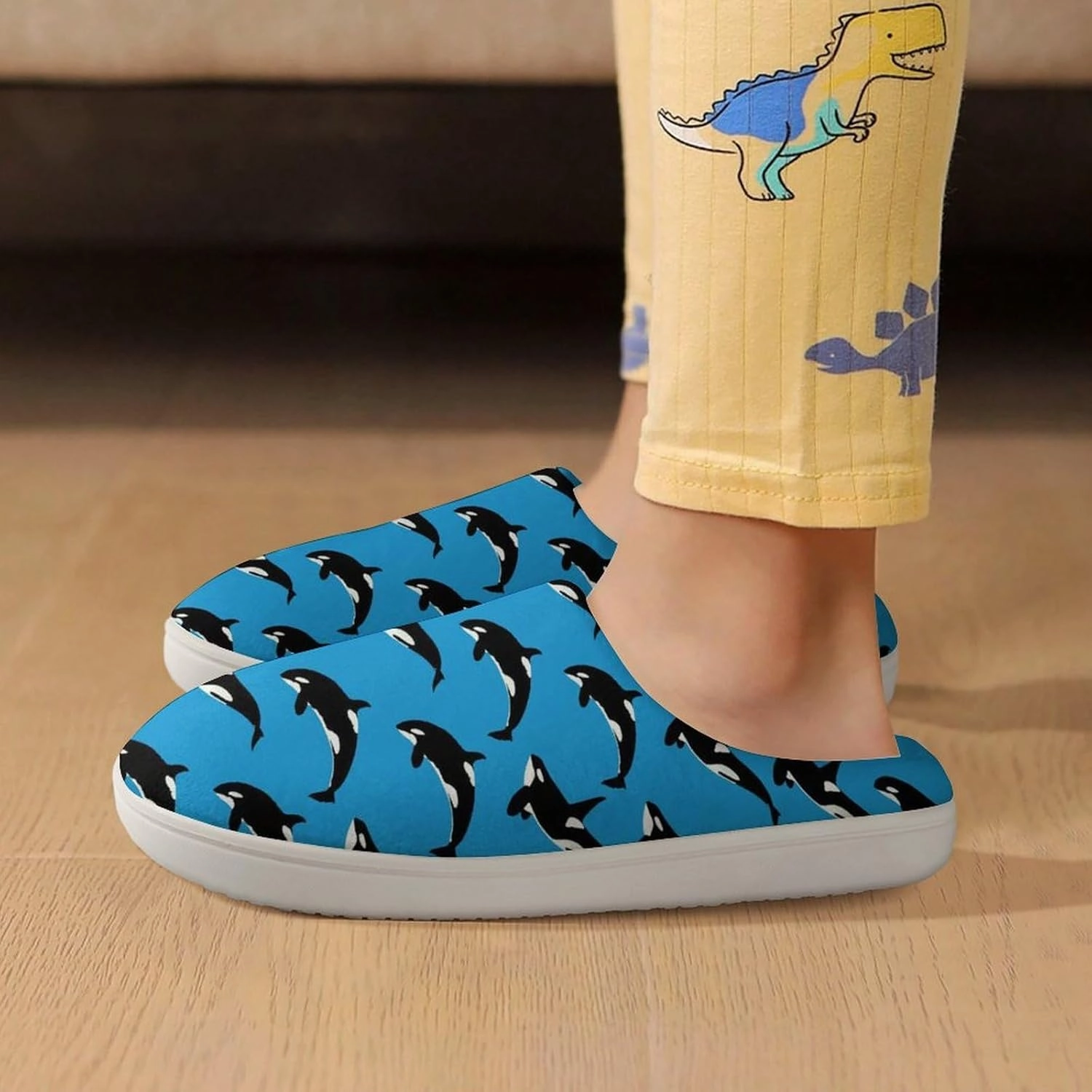 Blue Killer Whale Orca Print Slippers for Boys Girls Home Cotton Slippers Non-Slip Warm Little Kids Slippers