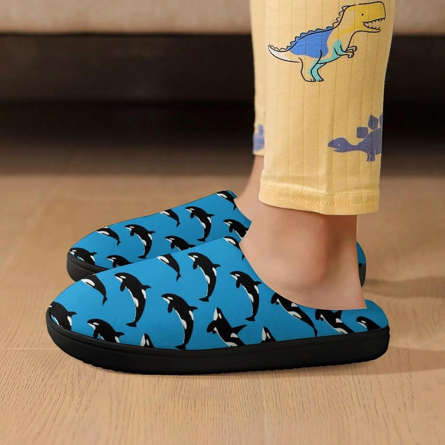 Blue Killer Whale Orca Print Slippers for Boys Girls Home Cotton Slippers Non-Slip Warm Little Kids Slippers