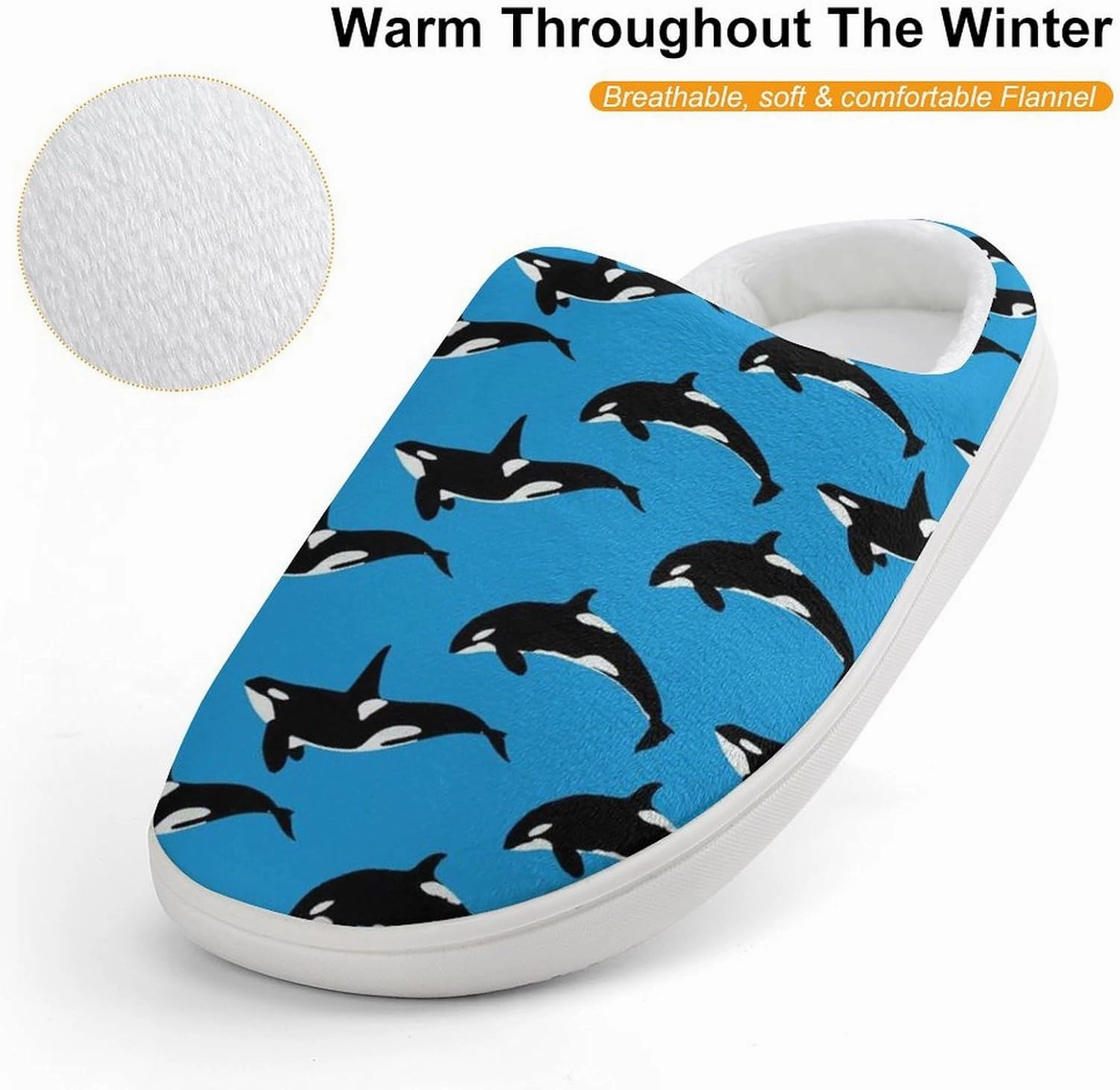 Blue Killer Whale Orca Print Slippers for Boys Girls Home Cotton Slippers Non-Slip Warm Little Kids Slippers