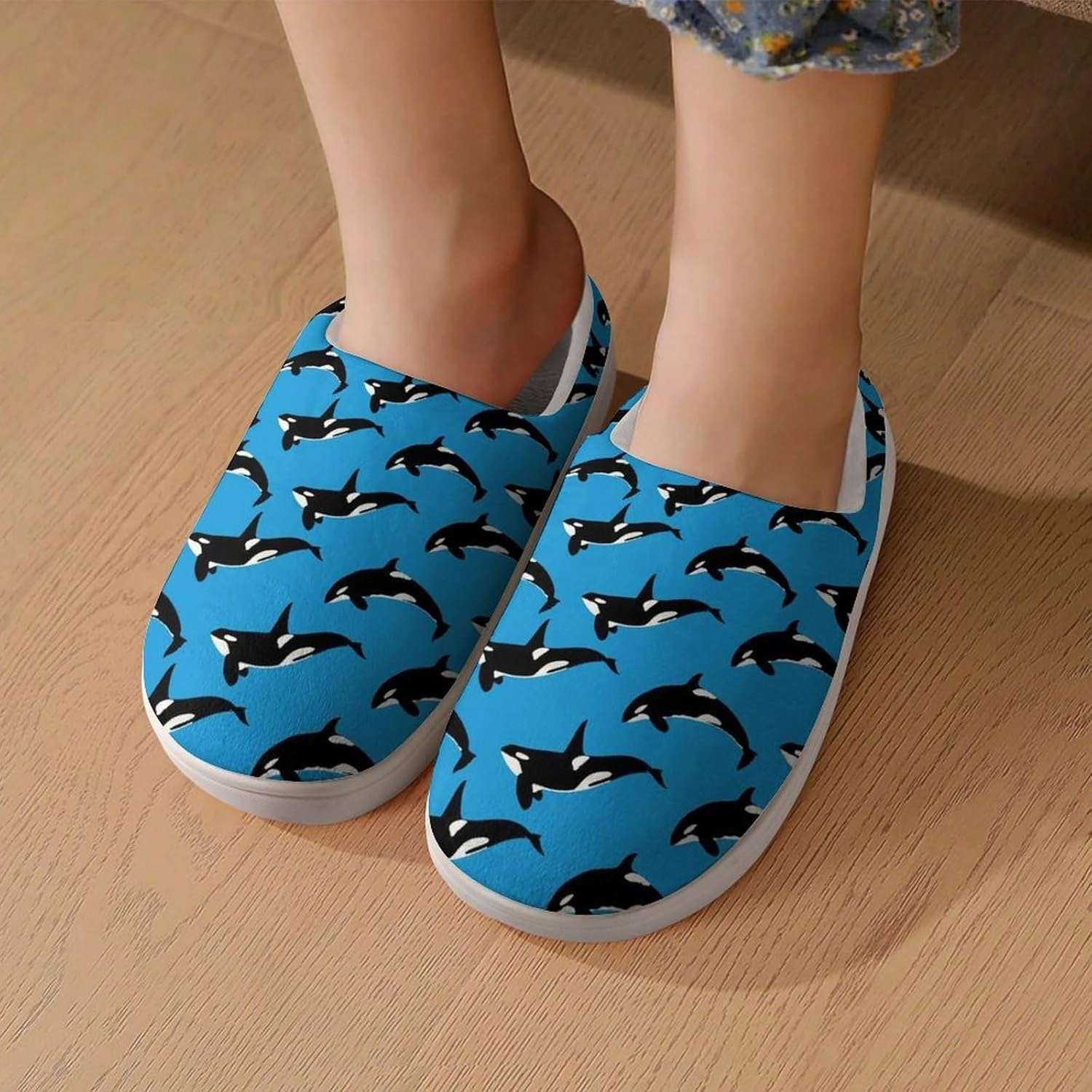Blue Killer Whale Orca Print Slippers for Boys Girls Home Cotton Slippers Non-Slip Warm Little Kids Slippers